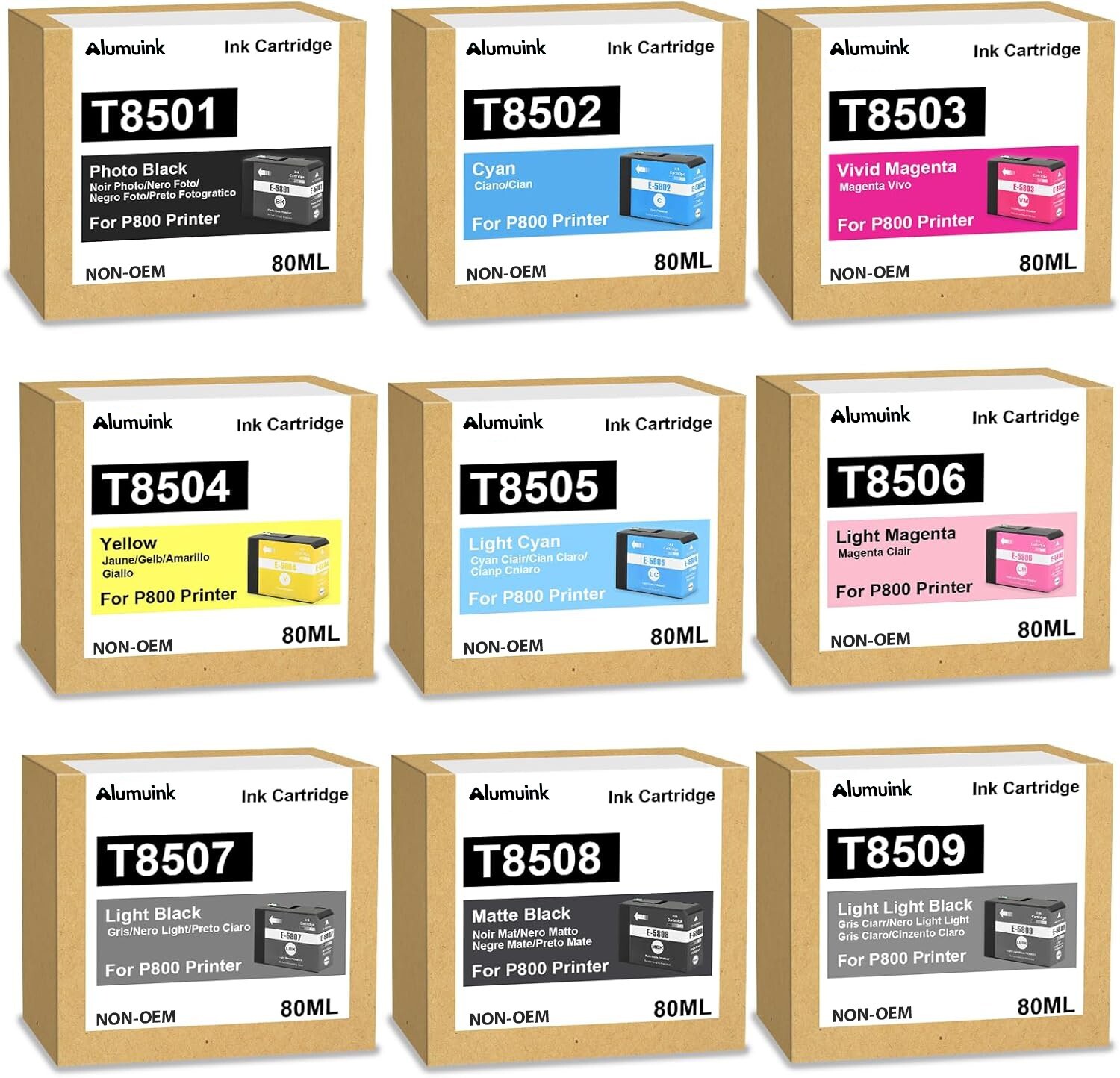 T850 9 pack of Ink Cartridges High Capacity 80ML T8501-T8509 High Yield T850 ink