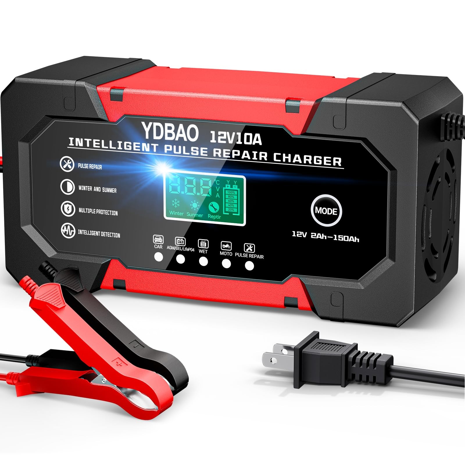 YDBAO 12V 10A Smart Car Battery Charger Fully Automatic