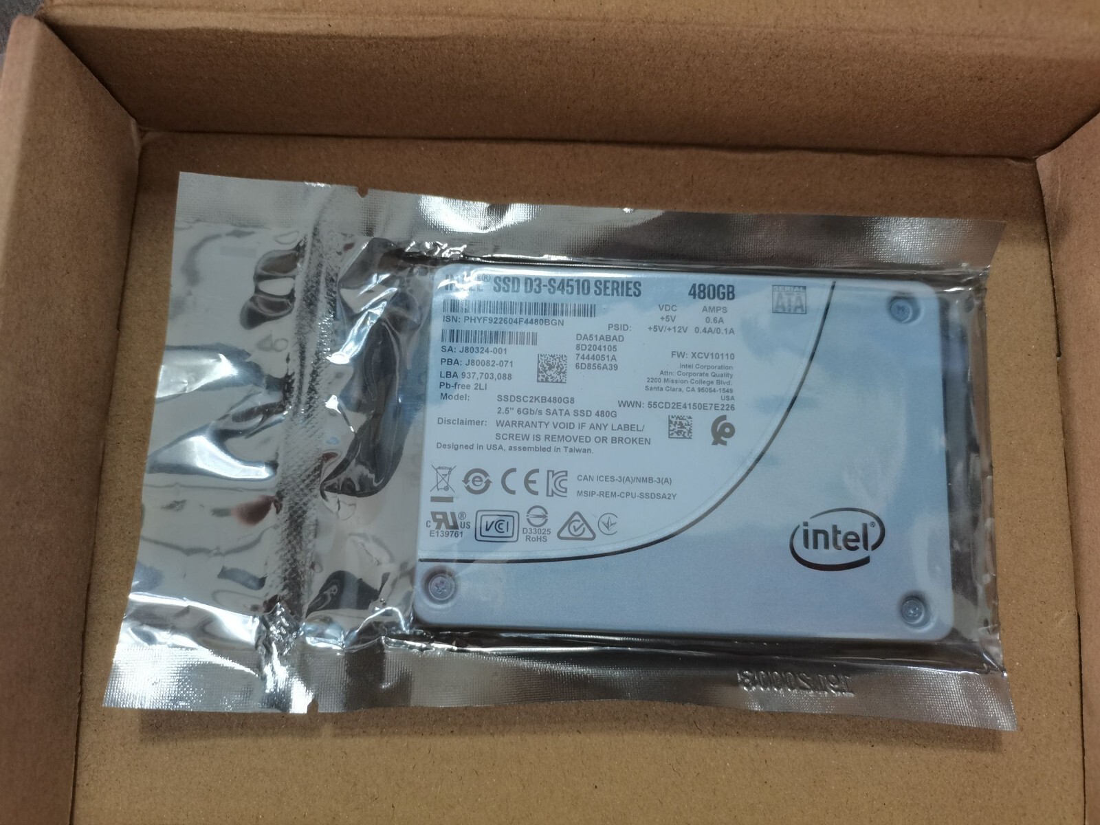 New Original Sealed packaging Intel SSD D3-S4510 Series SSDSC2KB480G801 480GB