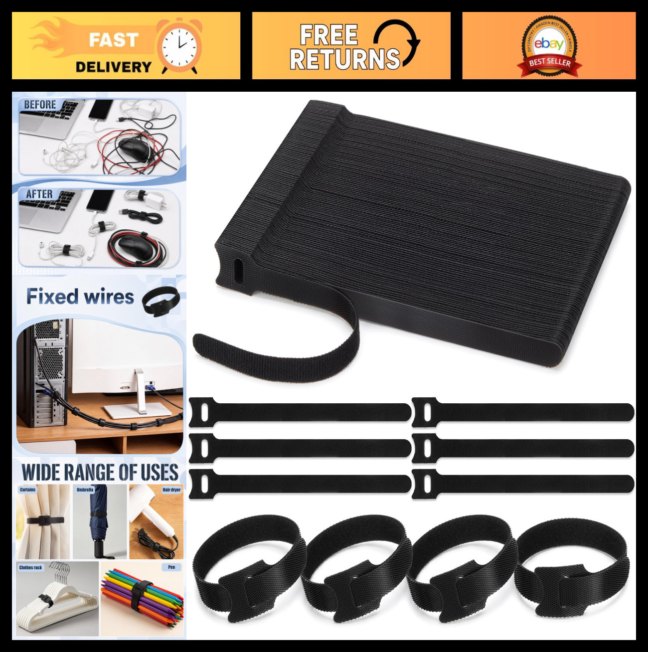 1000 Pcs Reusable Cable Ties - 8" Adjustable Hook & Loop Cord Wraps for Home, Of