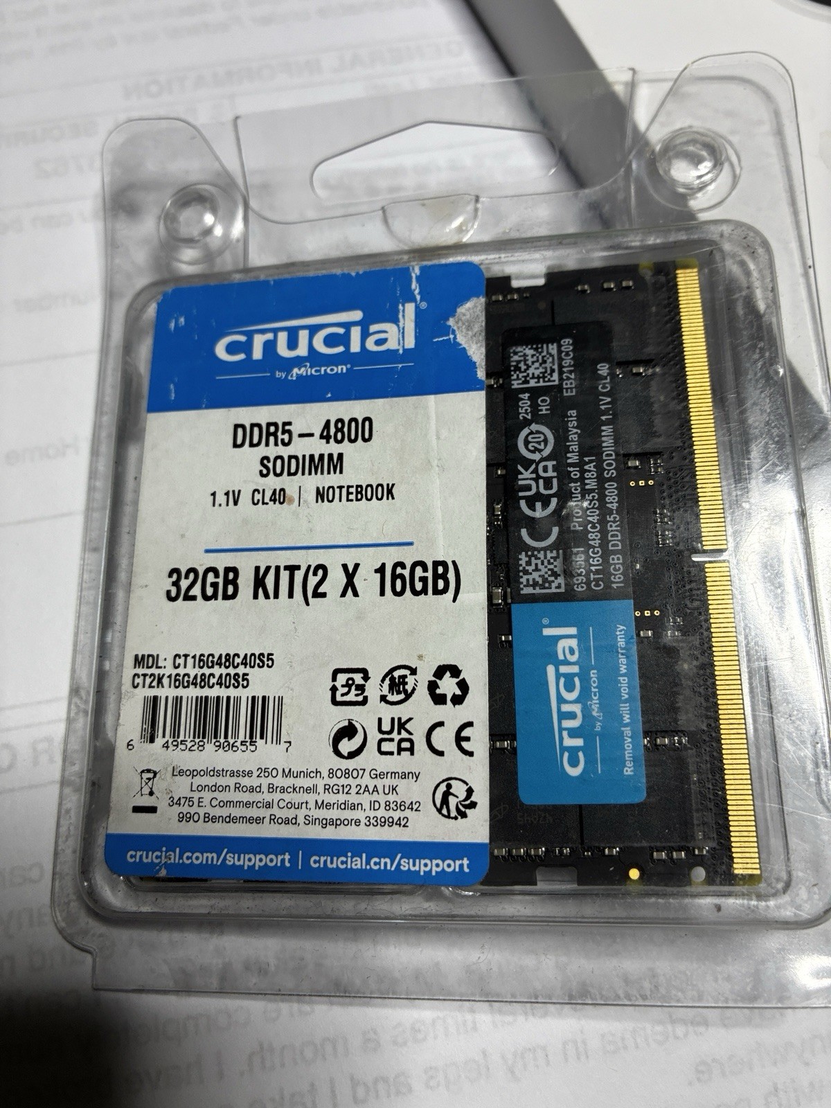 Crucial DDR5 4800 32GB Pair unopened Pack Gaming RAM-will Ship For Free
