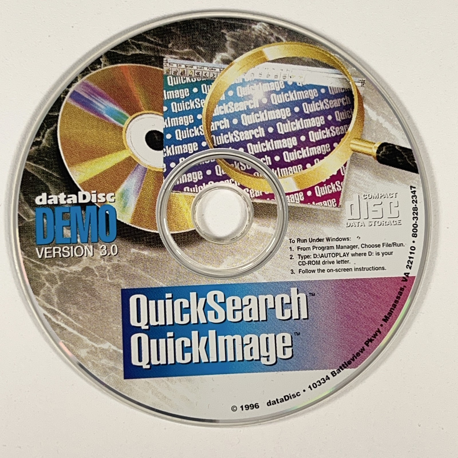 Vintage 1996 dataDisc QuickSearch QuickImage Demo Version 3.0 PC CD-ROM Windows