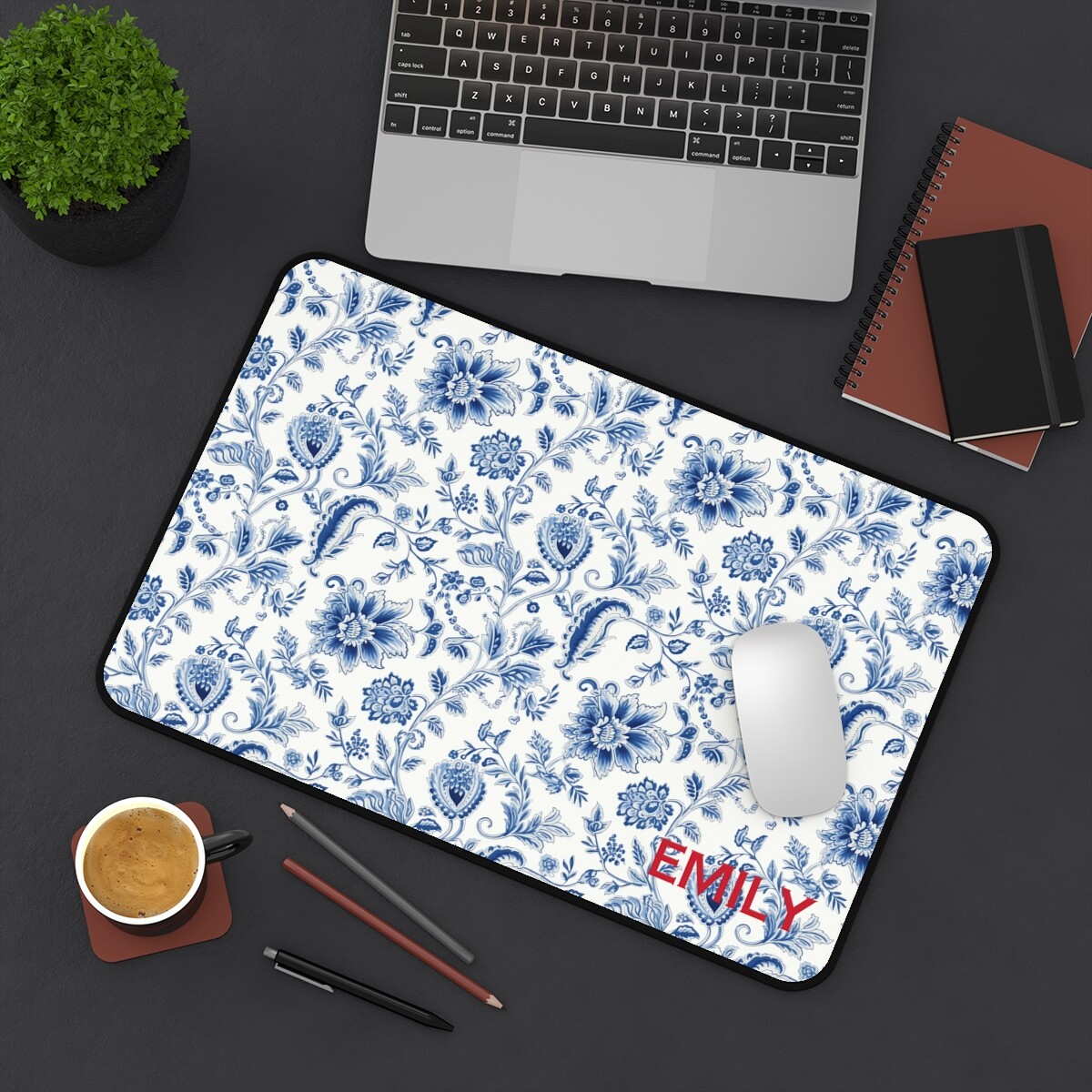 Personalized or Monogram Farmhouse Blue & Off-White Floral Desk Mat 
