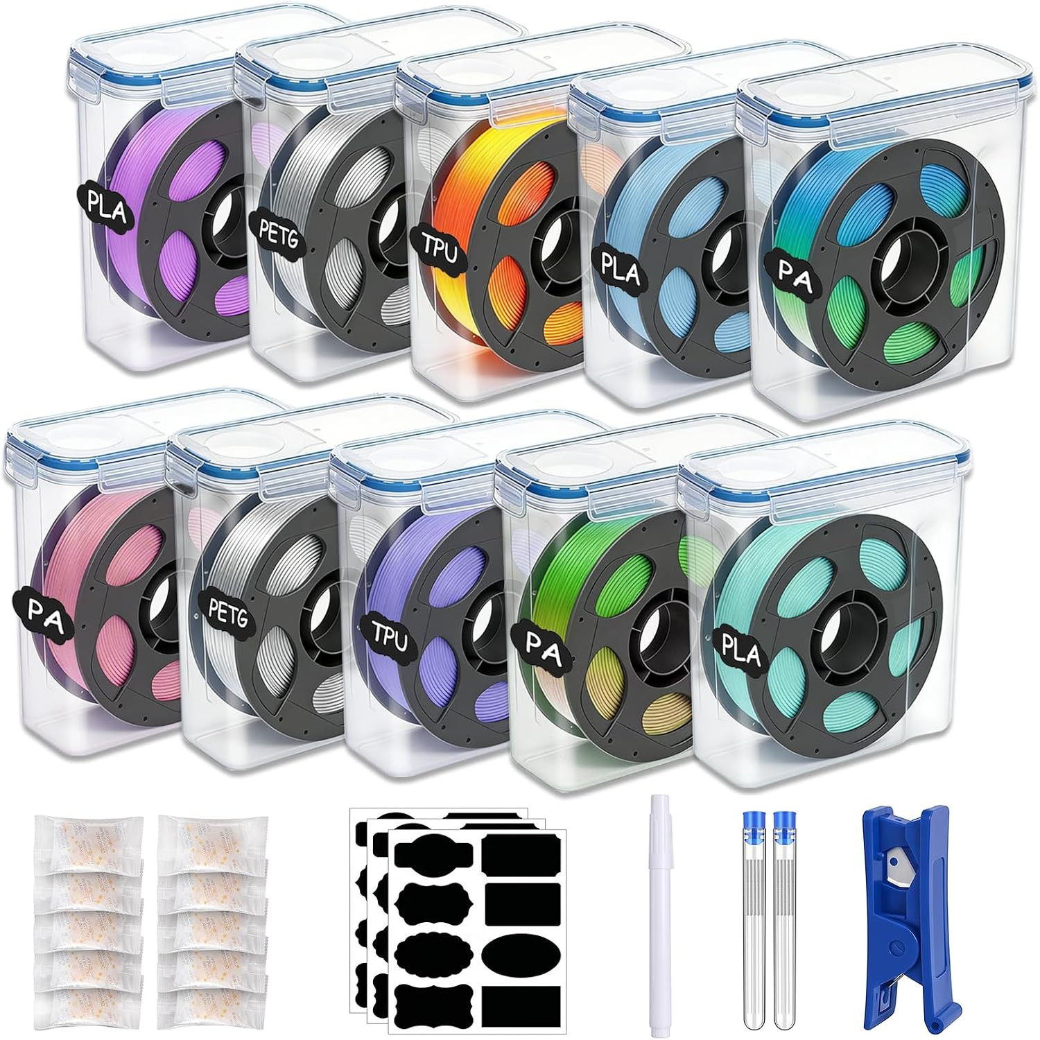 Filament Storage Box 10 Pack with Desiccants, Labels, 0.4Mm Needles