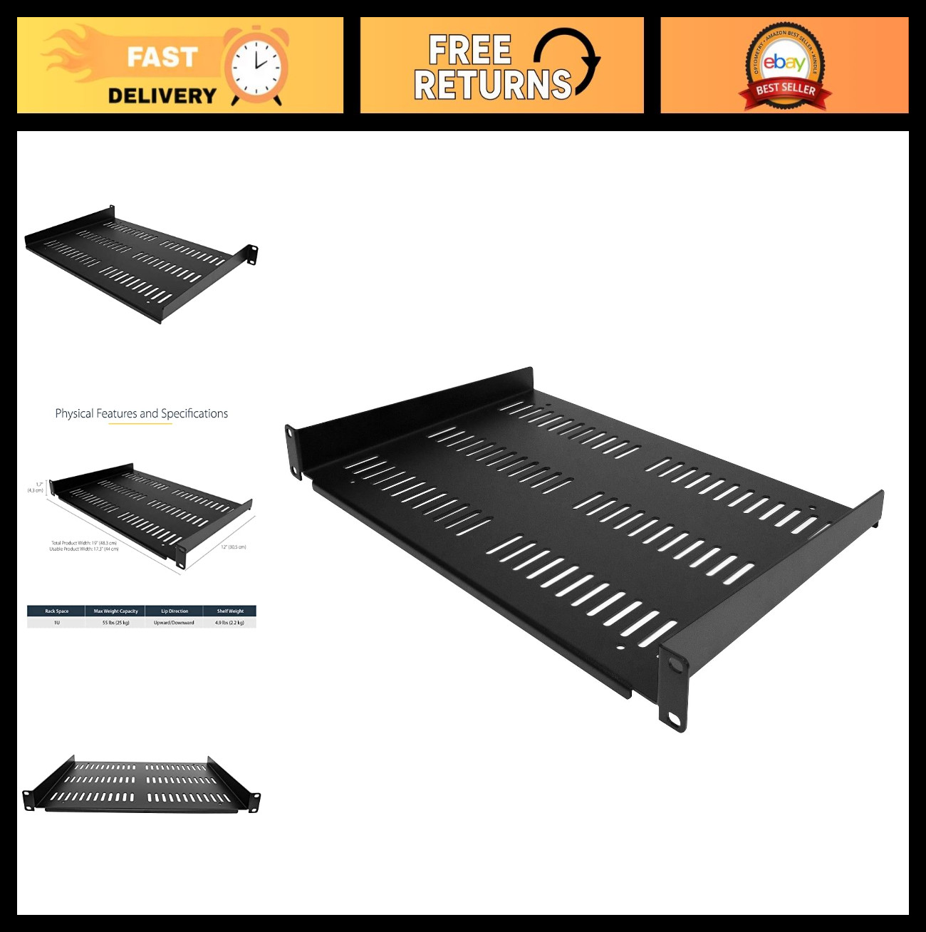 Universal Vented 1U Server Rack Shelf - 12" Deep Cantilever Tray, 55lb Capacity