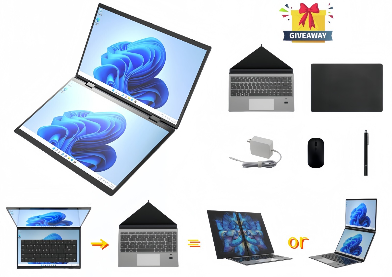 Dual Screen Laptop 14+14 Inch 2.2K Touch Screen Notebook DDR4 32GB 1TB SSD