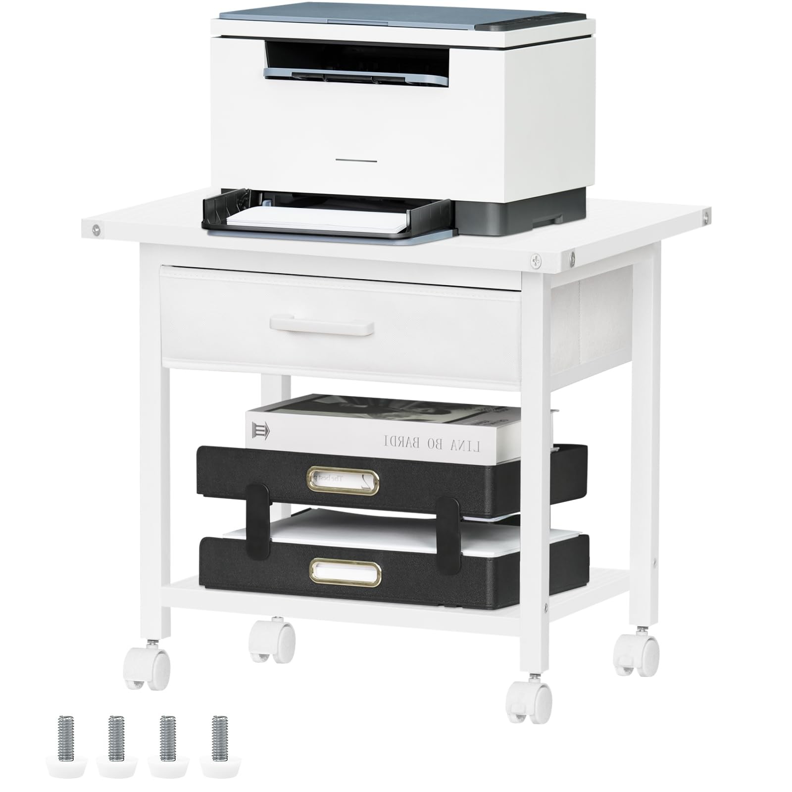 Under Desk Rolling Printer Stand with Drawer, 2-Tier Industrial Mobile Printe...