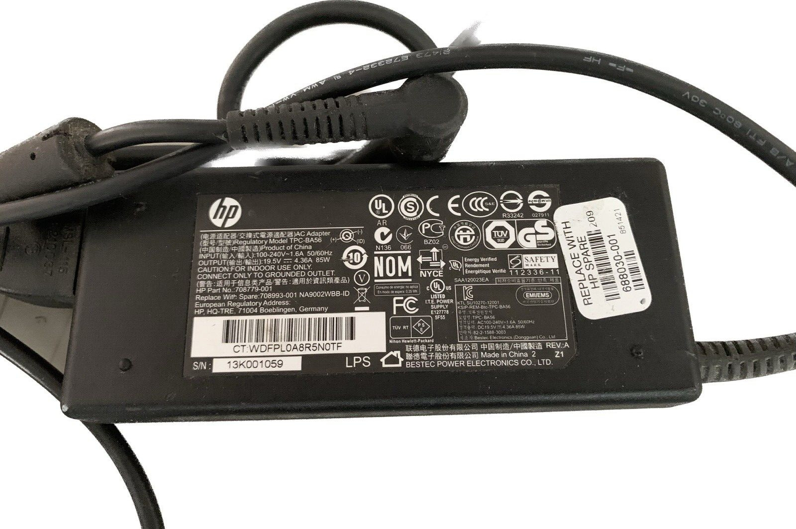 Genuine 85W HP AC Adapter Model TPC-BA56 P/N 666265-001 19.5V 4.36A w/Cord OEM