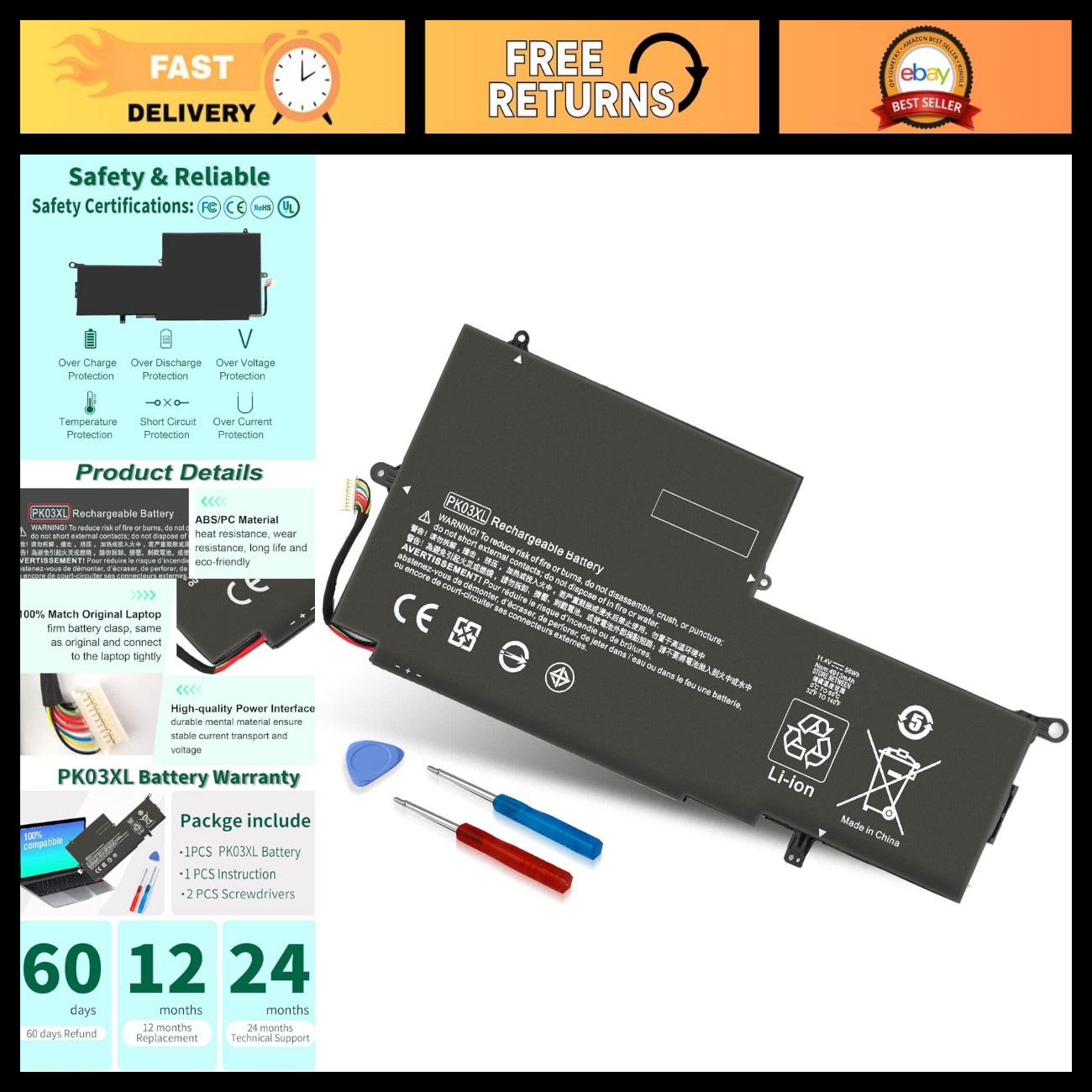 56Wh Replacement Battery for HP Spectre X360 13-4003dx 13-4005dx - High Capacity