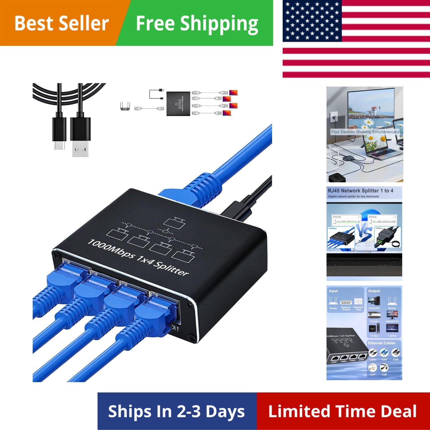 Ethernet Splitter 1 to 4 - Network Splitter with USB Power Cable, RJ45 Intern...