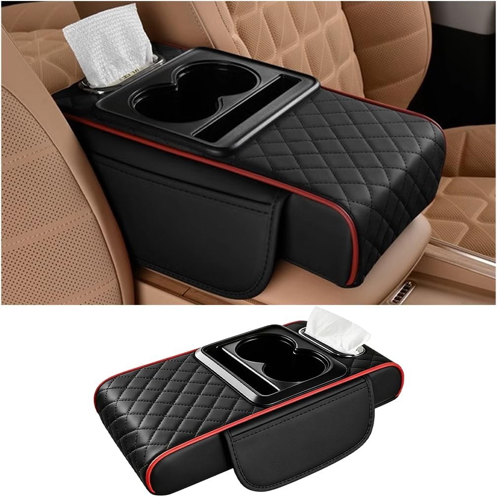 Universal Fit (Black Red), Vehicle Tissue Box Armrest Cushion, 4 in 1 Memory