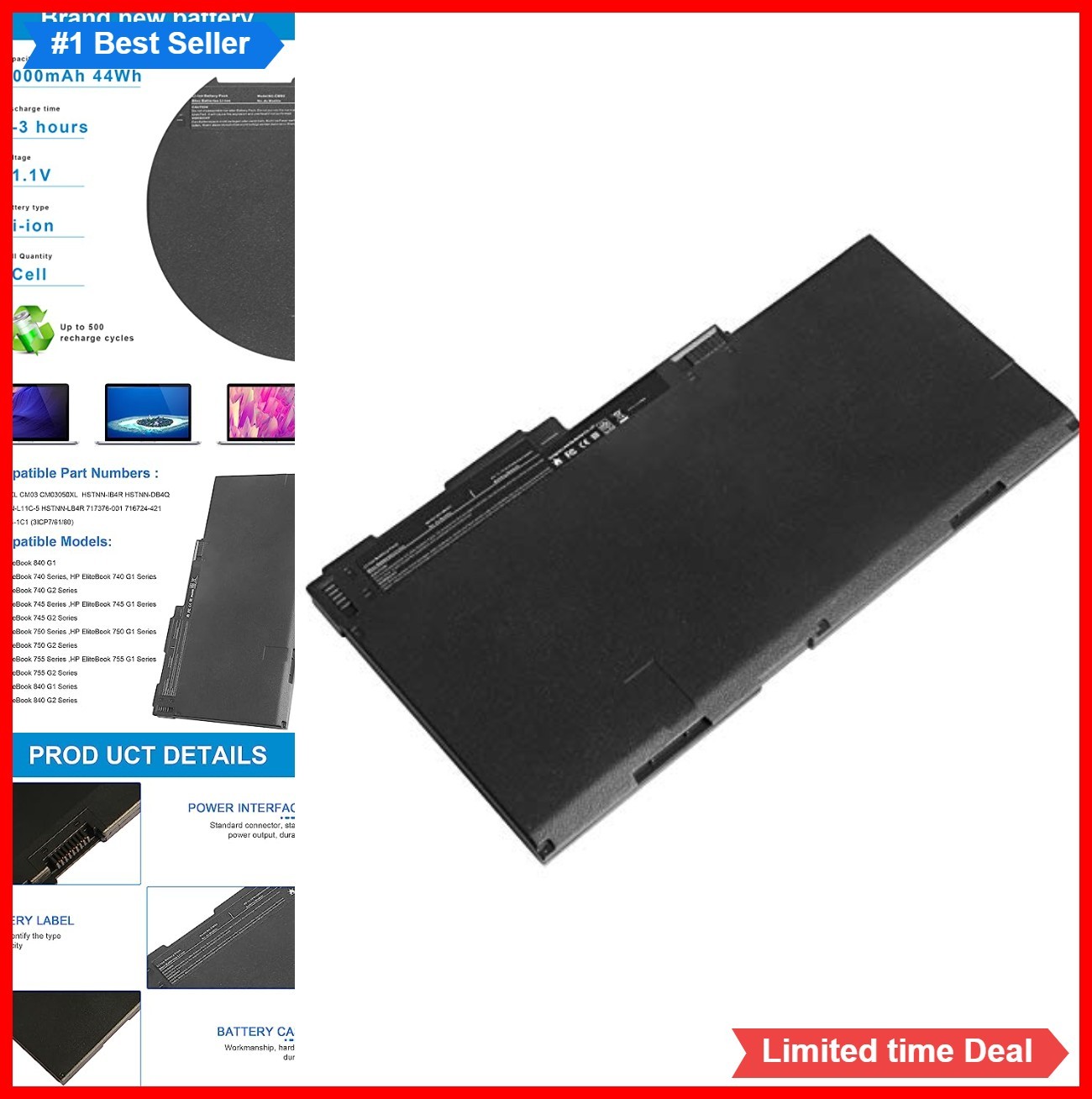 Laptop Battery 11.1V 44Wh 6 Cell Lithium Ion for EliteBook 740 745 750 840 850