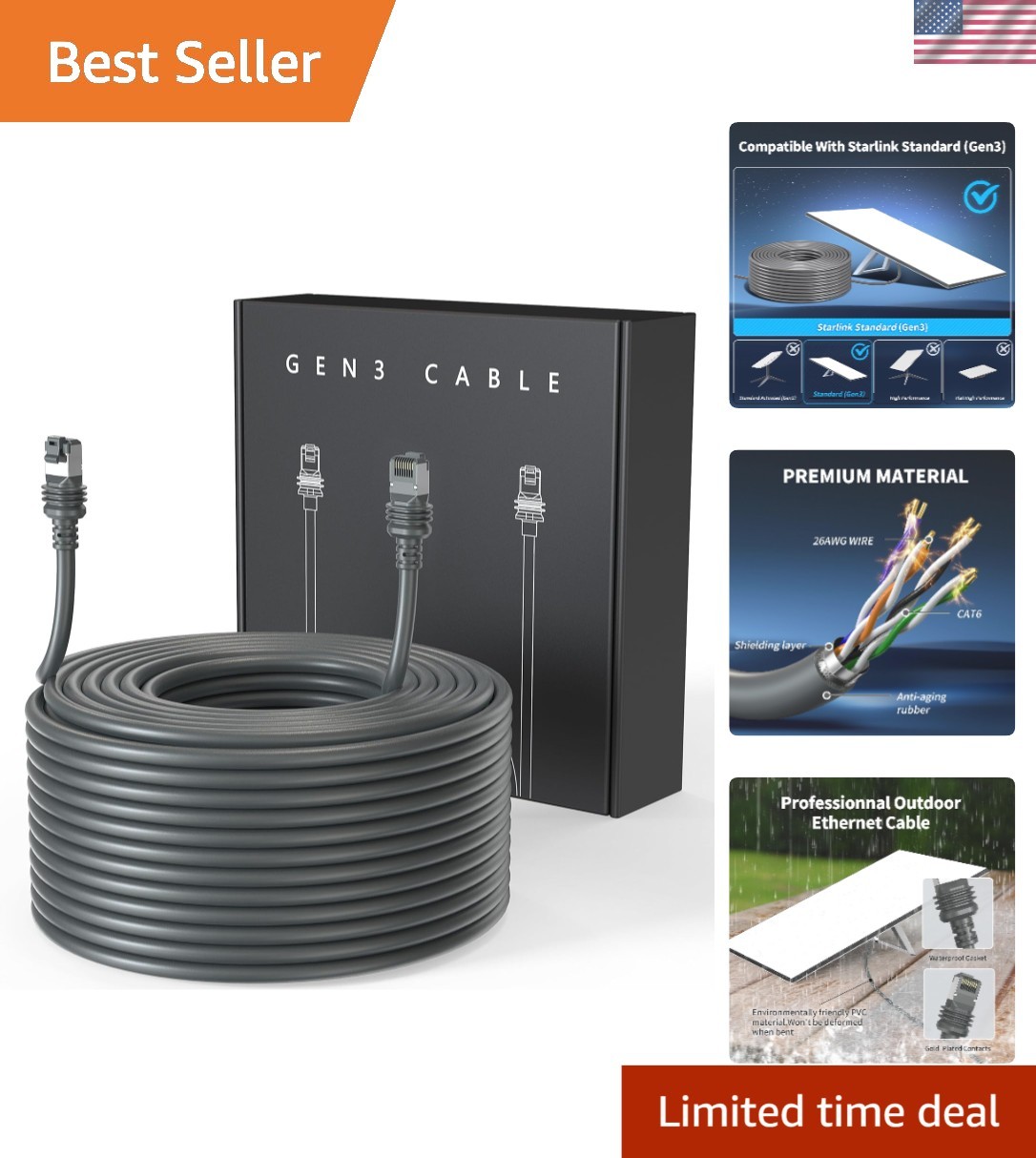 Durable 100FT Starlink Gen 3 Cable - Weatherproof, High-Speed 2000Mbps Transfer