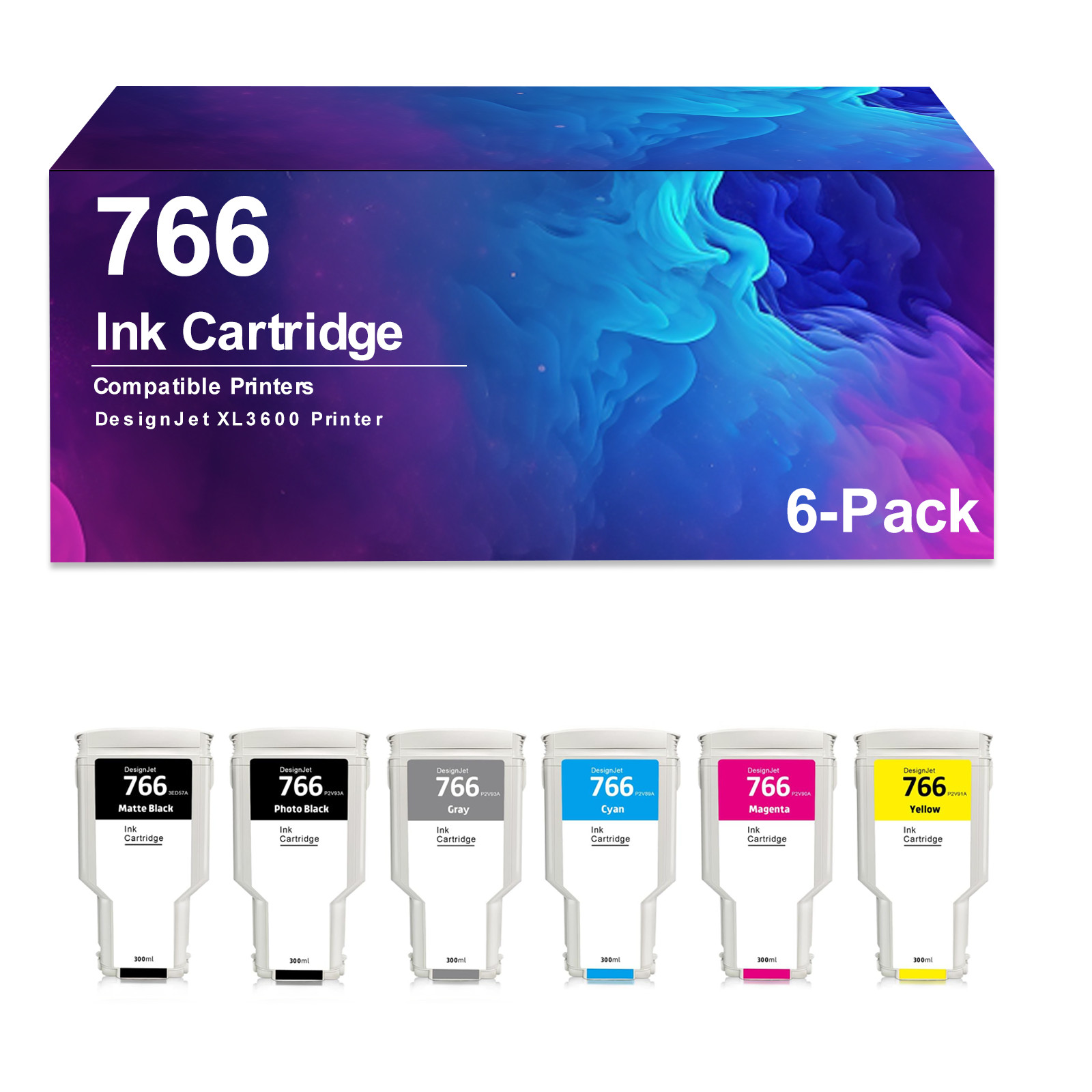6 Pack 766 Ink Cartridge Compatible with DesignJet  XL3600 Printers  (300ML/PCS)