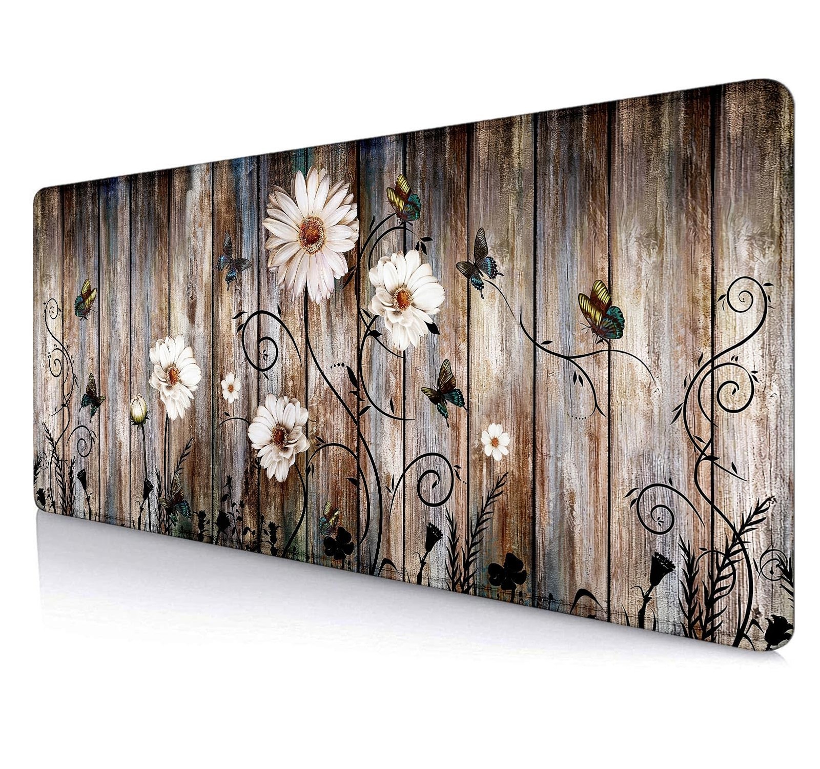 Butterfly Daisy on Wooden Extended Gaming Mouse Pad, Rustic White Flower Larg...