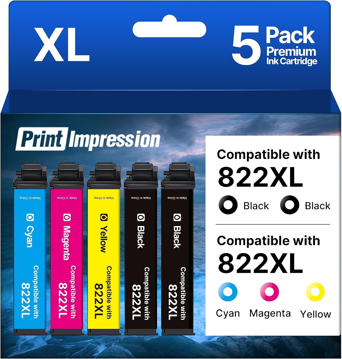 5Pack T822XL 822XL Ink Cartridge For Epson WorkForce Pro WF-3820 WF-4834 WF-4833