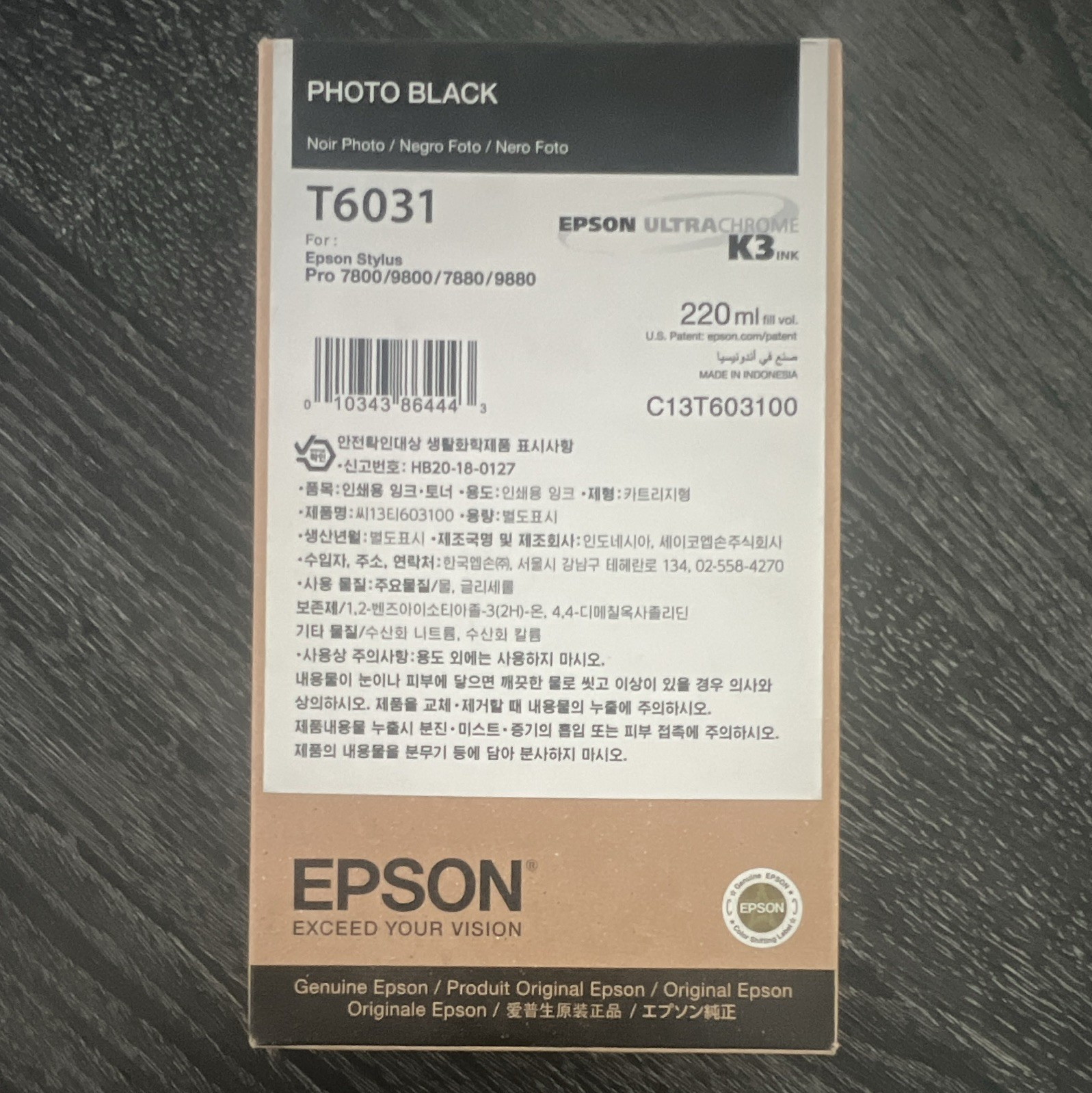 Epson Genuine T6031/C13T603100 Photo Black Ink 220ml Stylus Pro 7800/9800