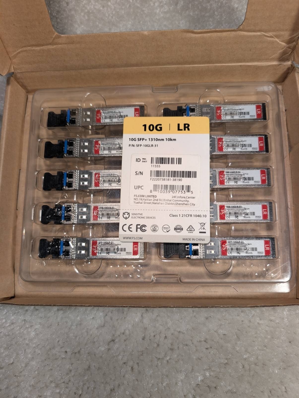 10-Pack FS SFP-10GLR-31 10GBASE-LR SFP+ 1310nm 10km SMF Transceiver NEW