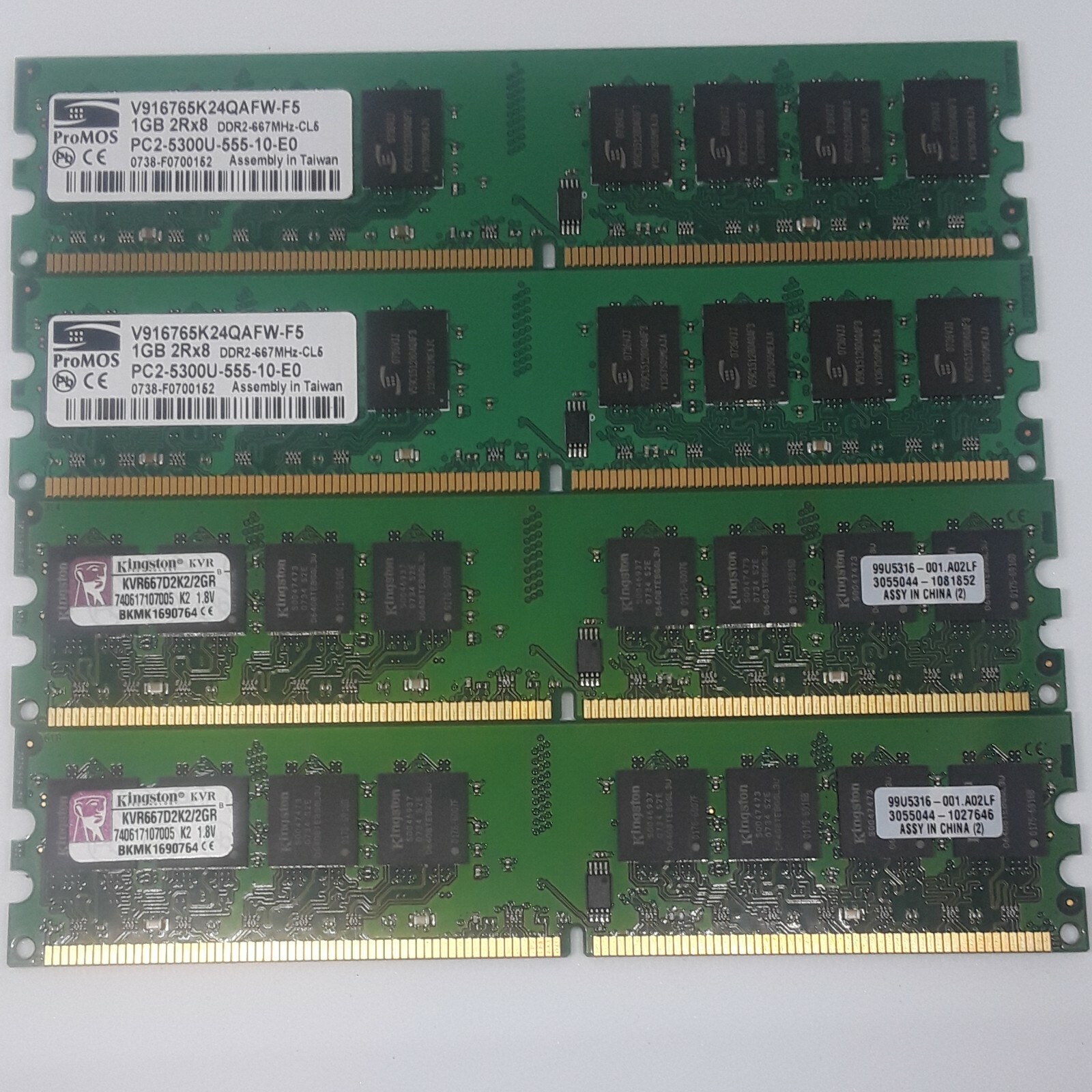 2 Kingston & 2 ProMOS RAM Memory 1GB DDR2 667 DIMM Low Profile KVR667D2K2/2GR
