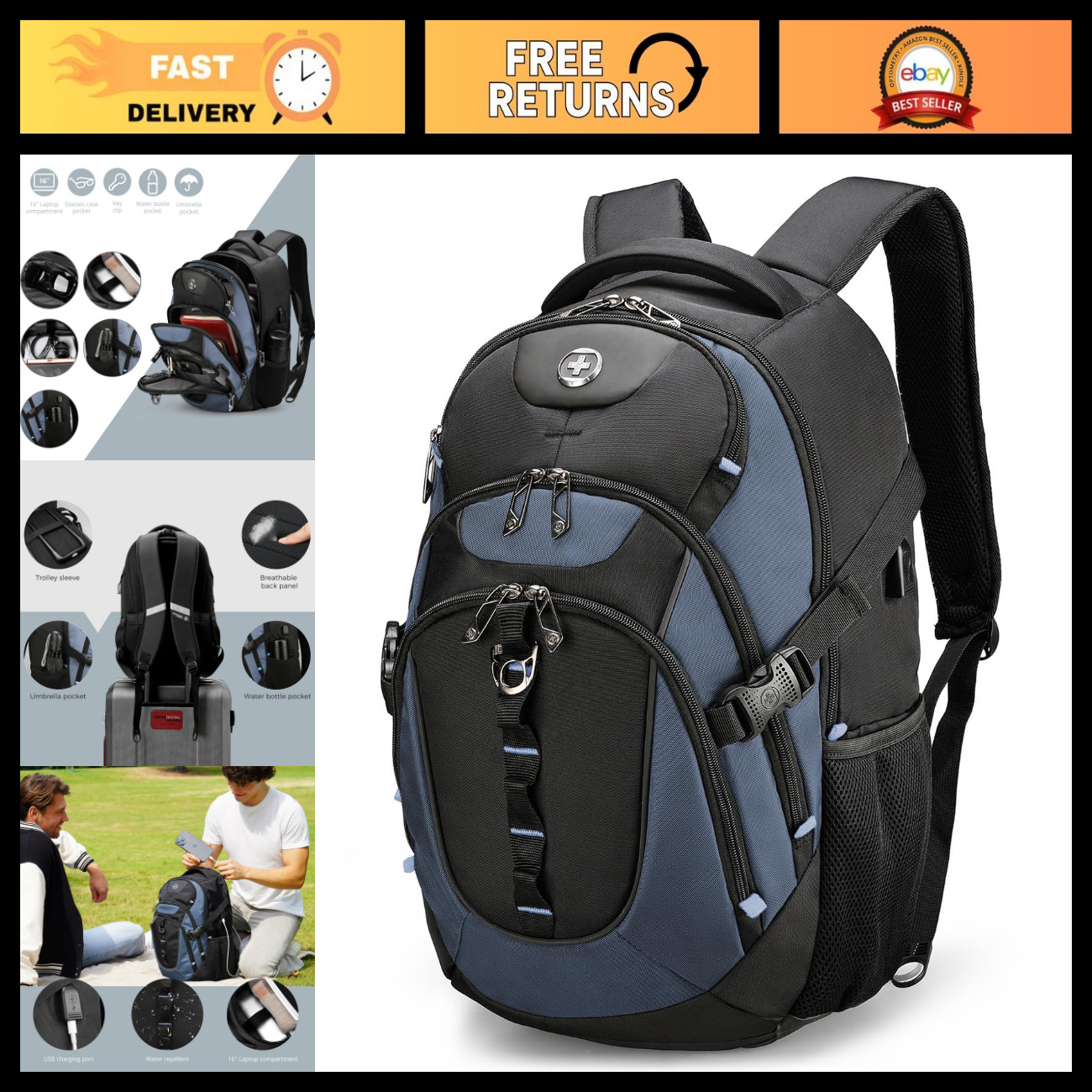 Travel Laptop Backpack with USB Charging Port, Fits 15.6" Computer, 31L College