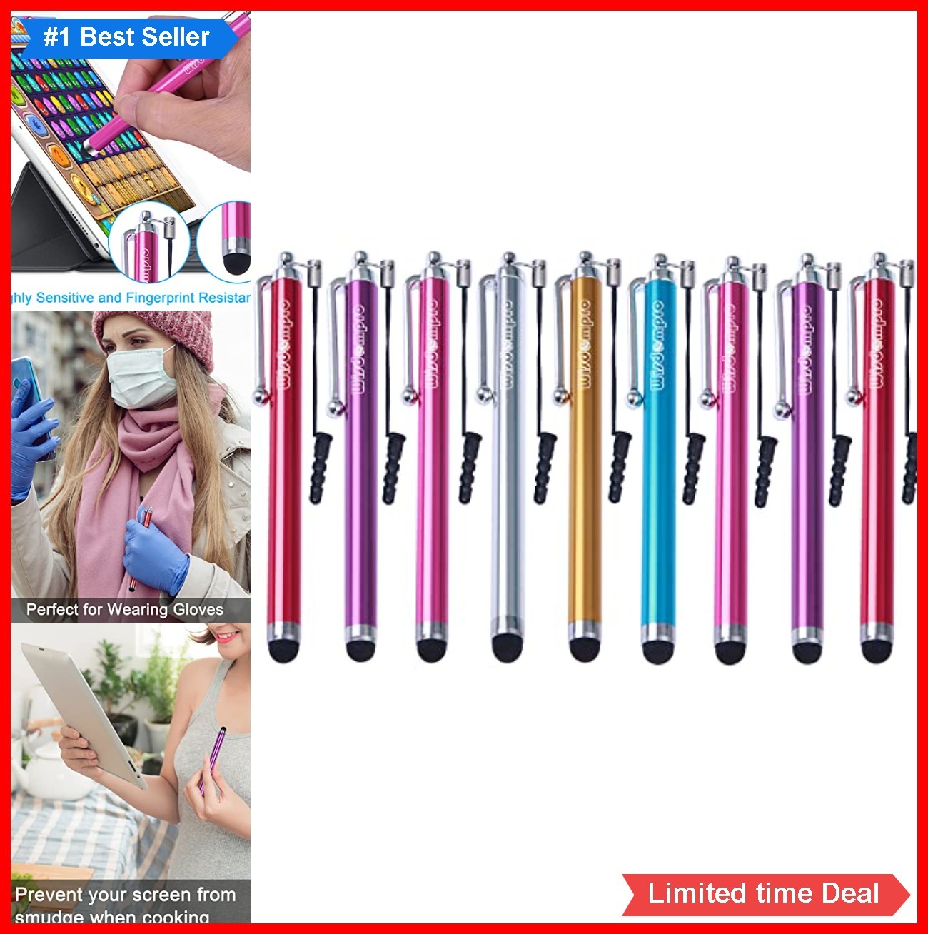 Stylus Pen 9 Pack Rubber Tip 6 Colors Aluminum Body Tether for Touch Screen
