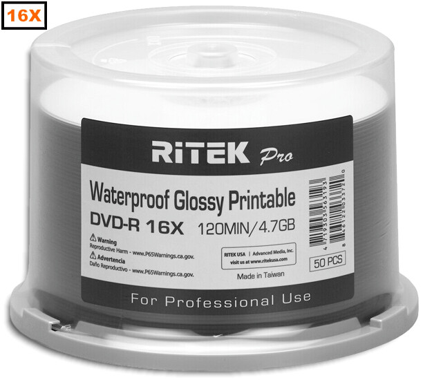 200-Pak RITEK PRO Waterproof GLOSSY White Inkjet Hub 16X 4.7GB DVD-R's