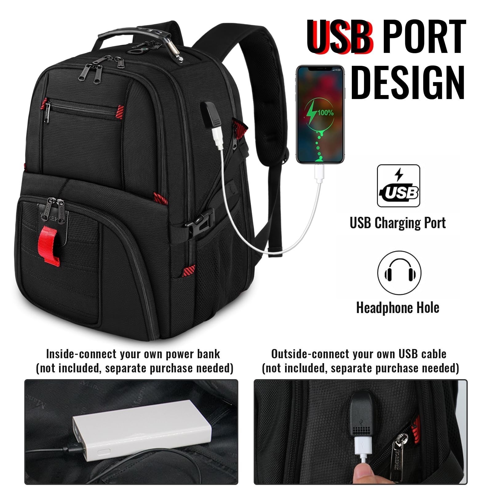 YOREPEK TRAVEL LAPTOP BACKPACK EXTRA LARGE 50 L WATER RESISTANT, USB PORT NEW