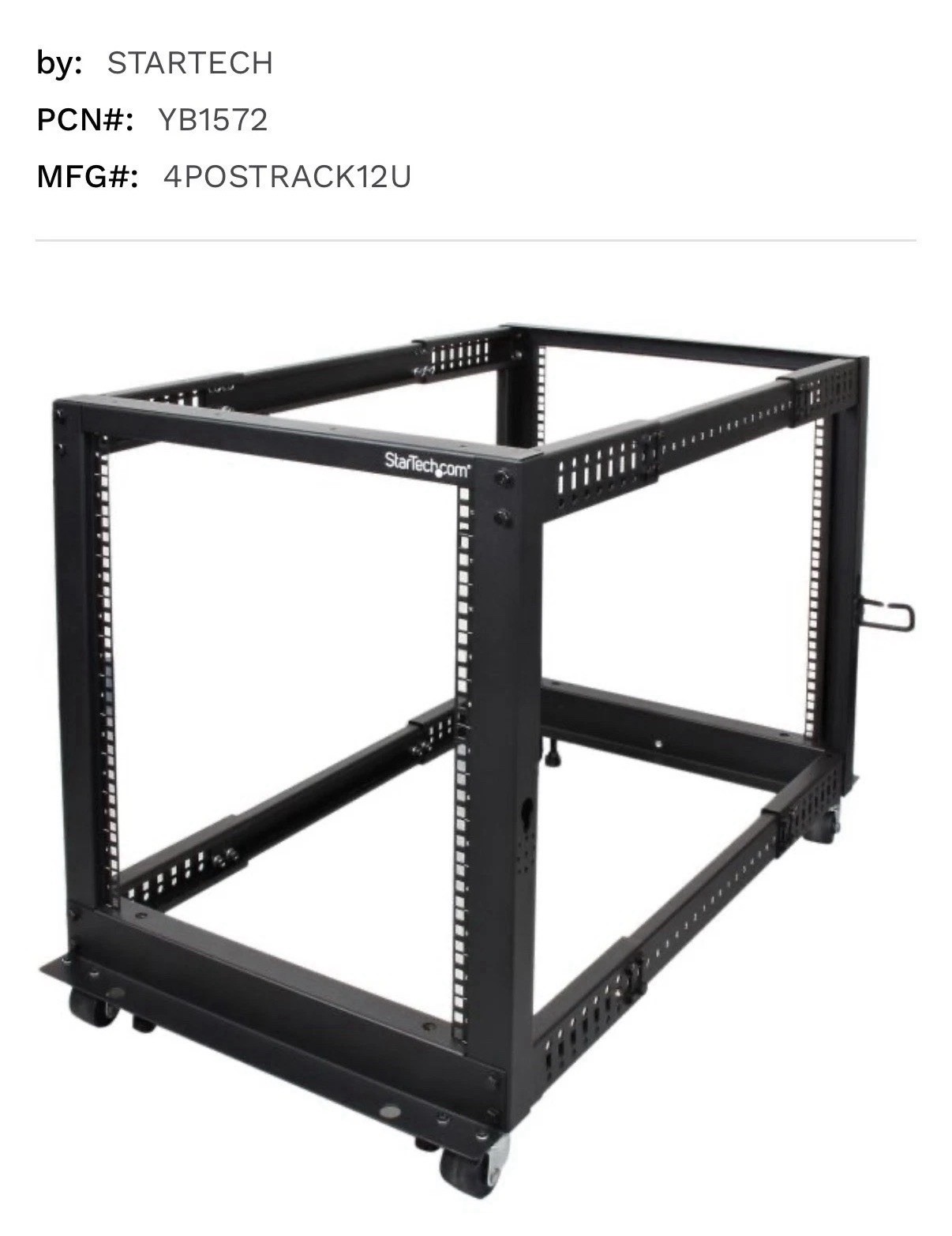 StarTech 12U Adjustable Depth Open Frame 4 Post Server Rack w/ Casters
