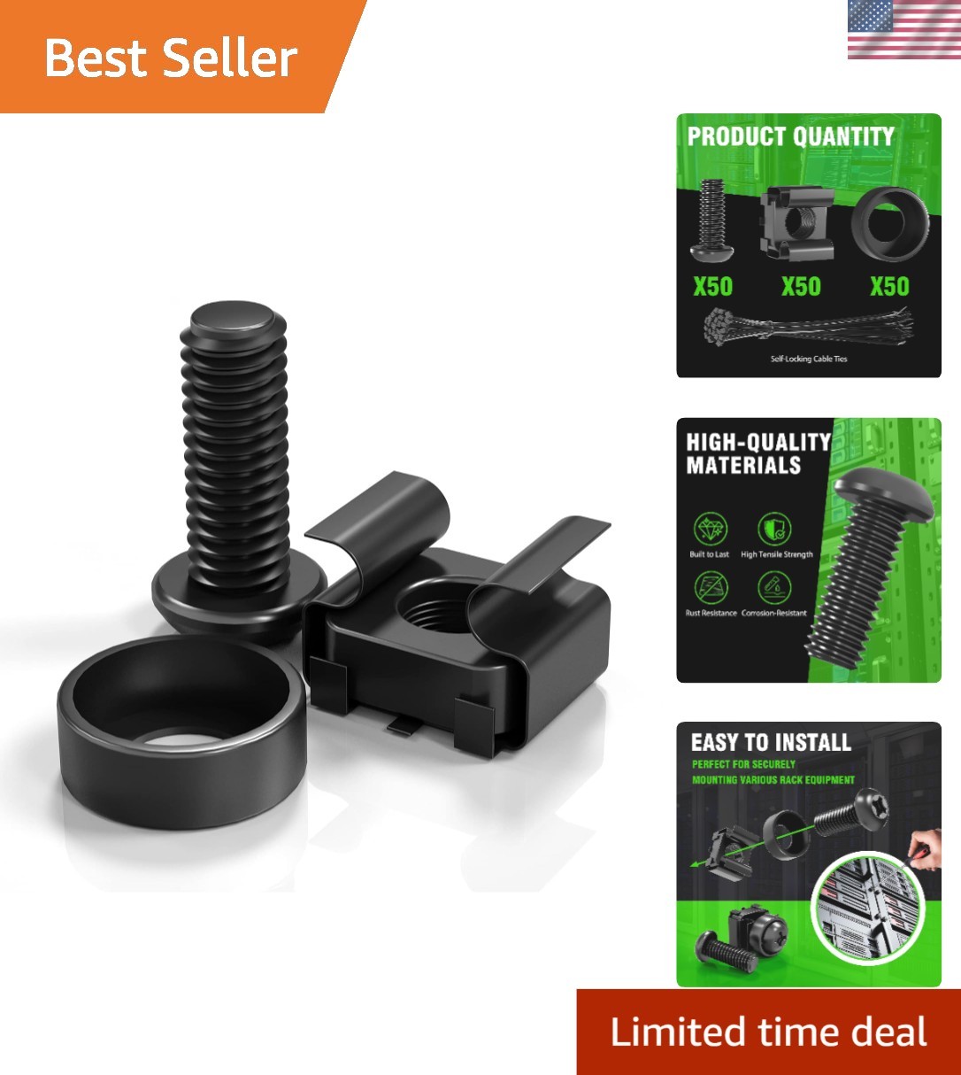 50 Pack M6 x 16mm Rack Mount Cage Nuts & Screws, Self-Locking Ties Included