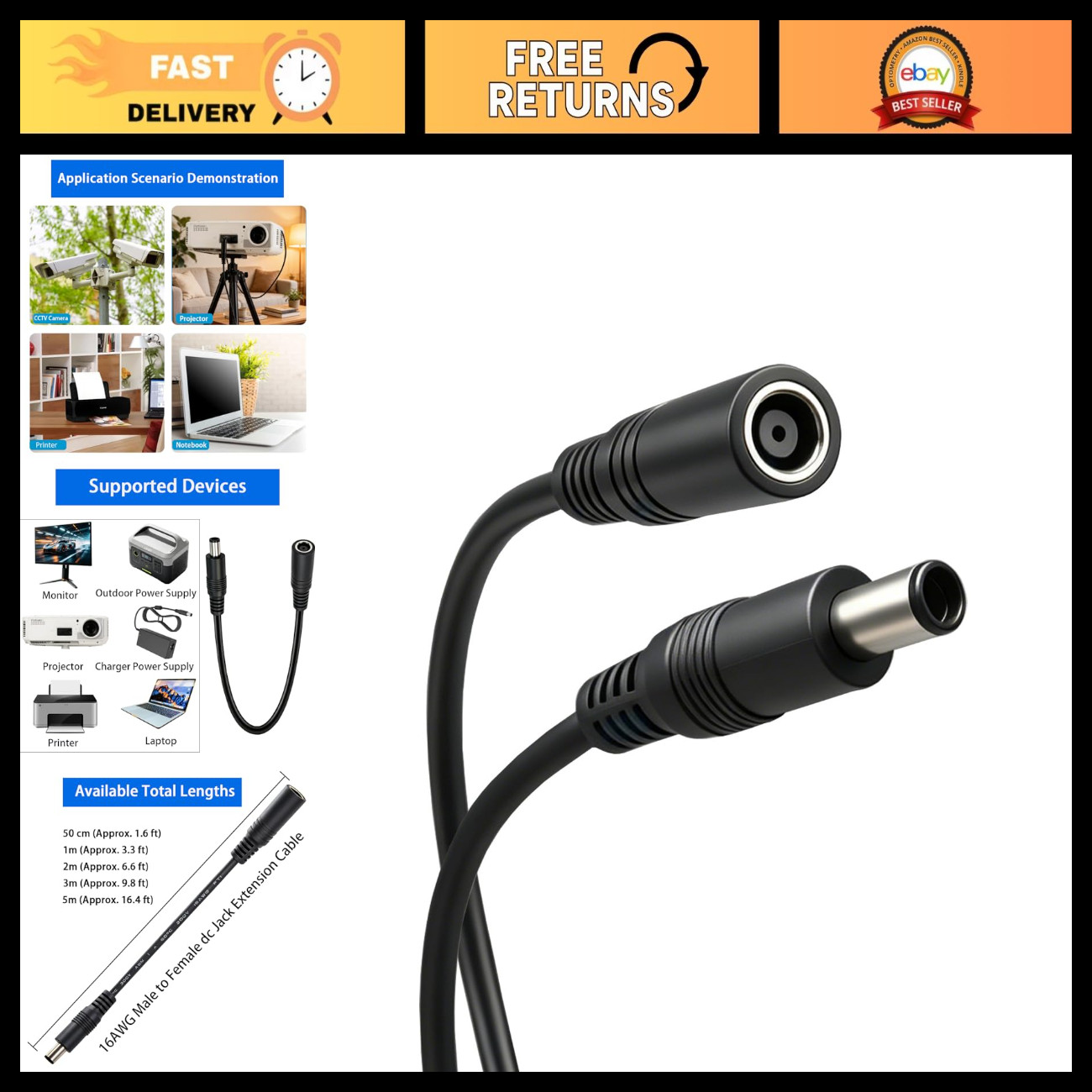 DC Power Extension Cable 7.4mm x 5.0mm for Laptops - 2-Pack, Universal Adapter