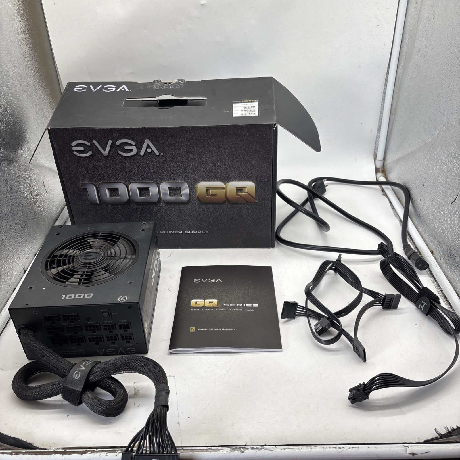 EVGA 1000 GQ 1000W 80+ Gold Power Supply-2  Cables-box-manual-works