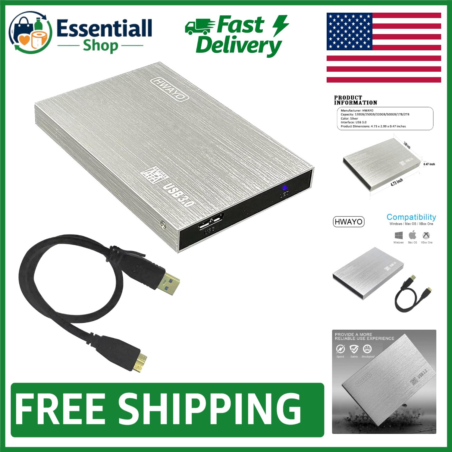 250GB Ultra-Slim Portable External Hard Drive - Fast USB 3.0 Storage in Silver
