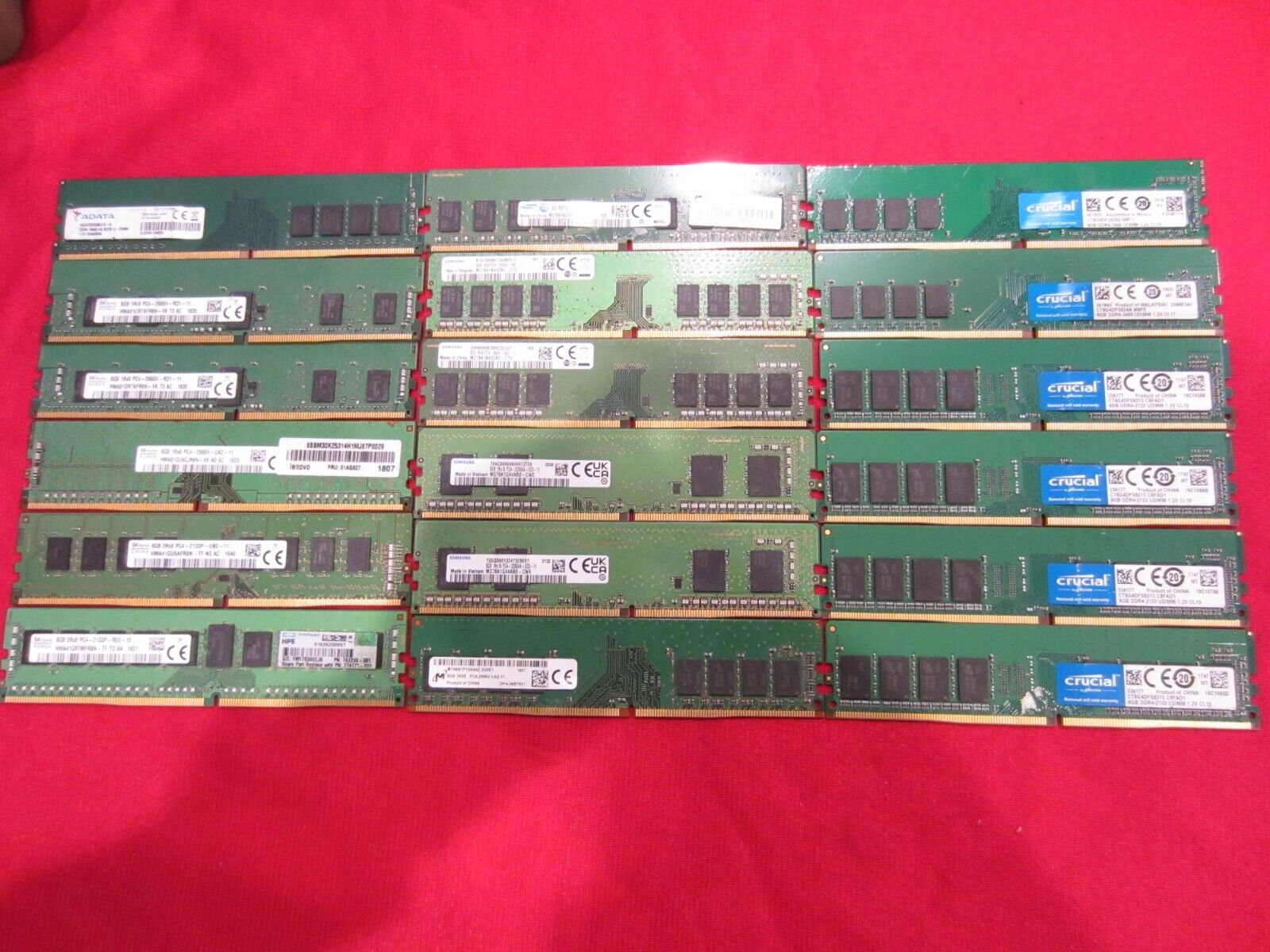Lot of 18pcs Samsung,Crucial,SKhynix 8GB DDR4-2133P/2400T/2666V/3200AA Desktop M