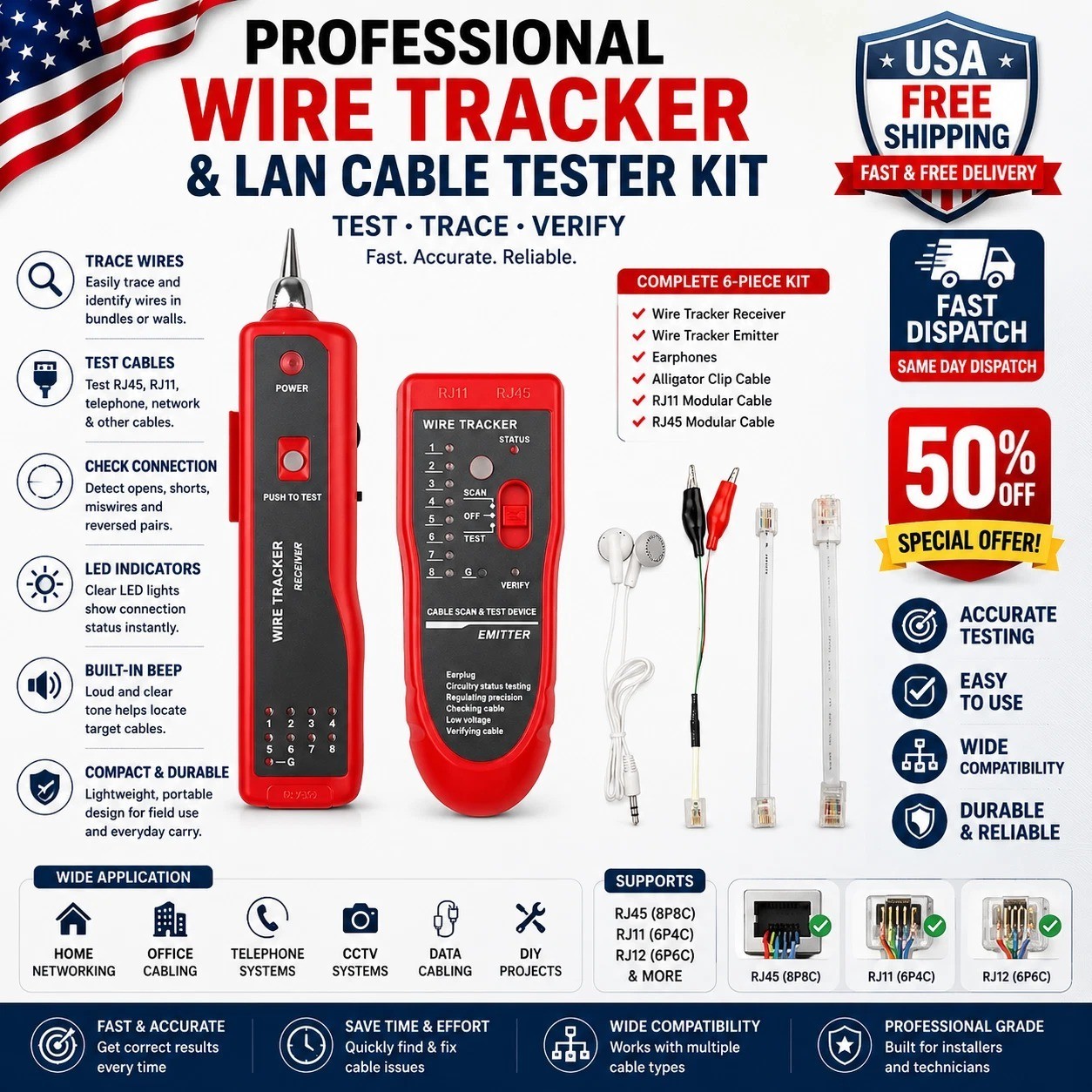 RJ45 LAN Cable Tester RJ11 Cat5 Cat6 Network Wire Tracker Tone Line Finder Kit