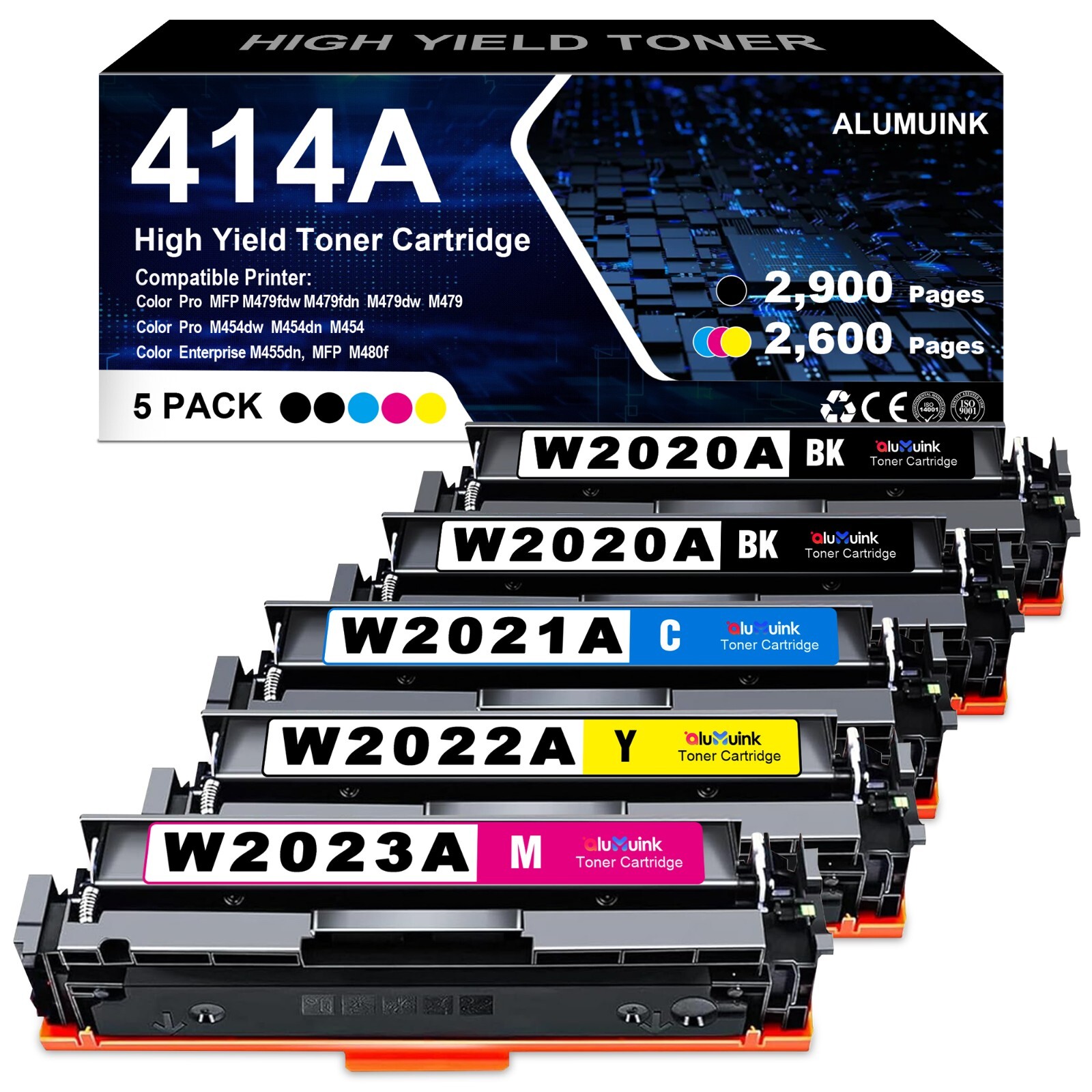 5PK W2020A with Chip Toner for HP 414A Laserjet Pro M454 M454dn M454dw