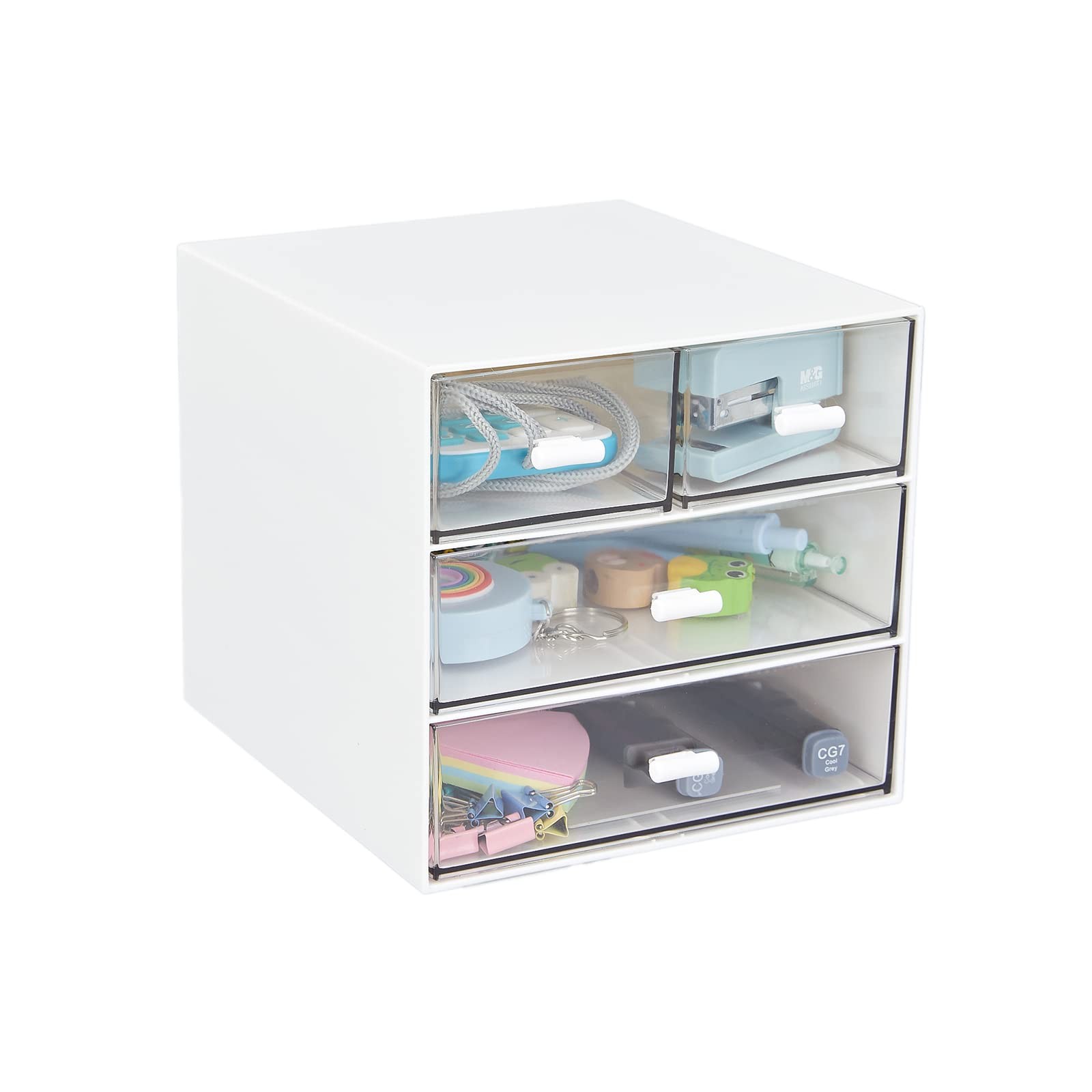 Desk Organizer 4 Drawers Clear Plastic Storage Box White Desktop Office Supplies
