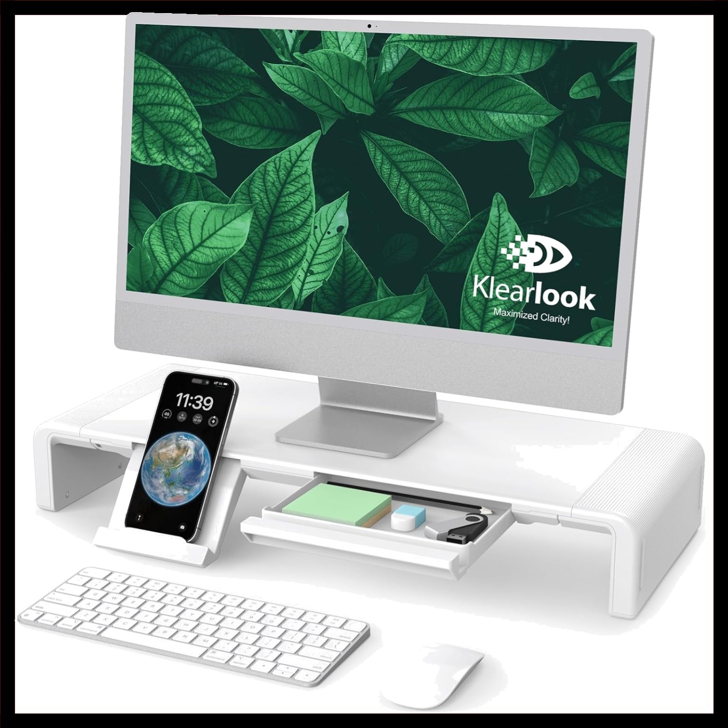 White Ergonomic Monitor Riser Desk Stand with Storage Drawer and Phone Holder...