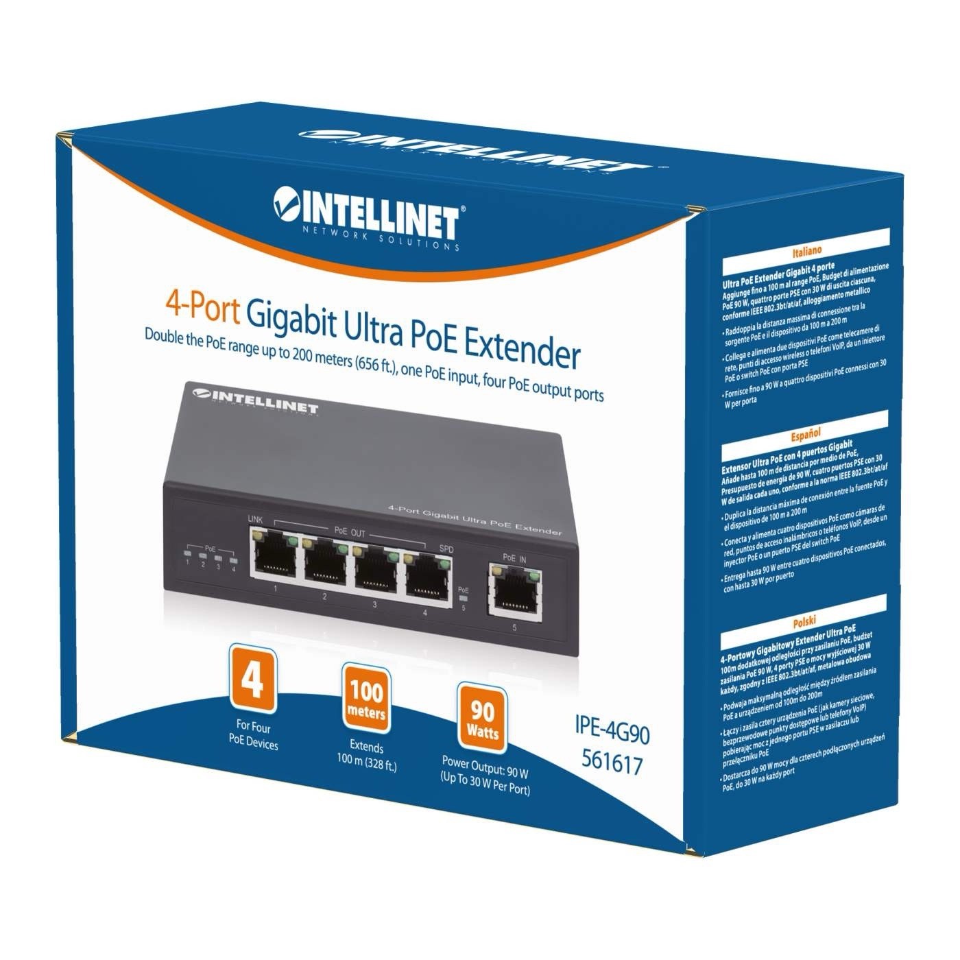 Intellinet 4-Port Gigabit Ultra PoE Extender IPE-4G90 561617 RJ-45 Ethernet
