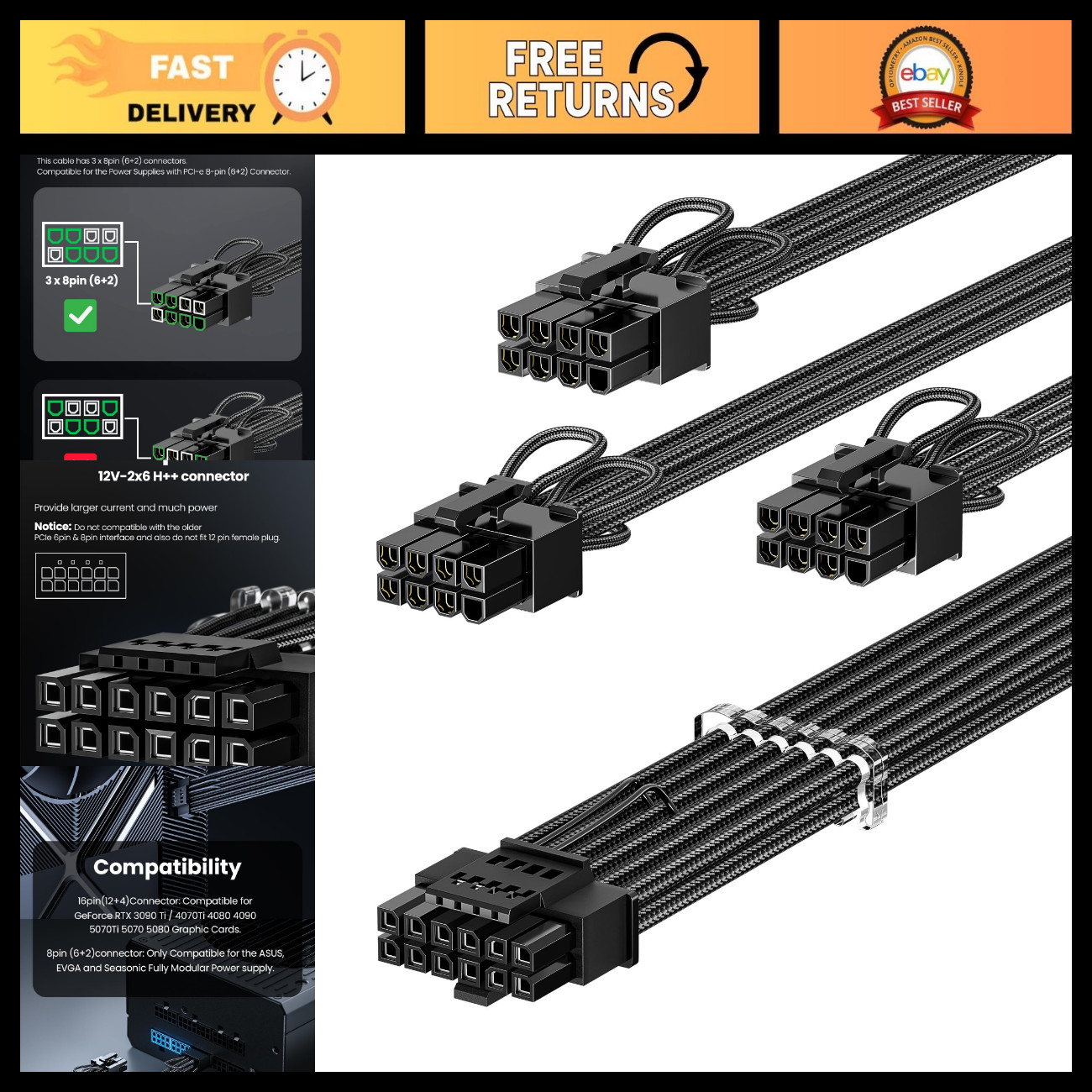 600W PCIe 5.1 GPU Power Cable 16pin (12+4) 12VHPWR - High-Performance Black Cabl
