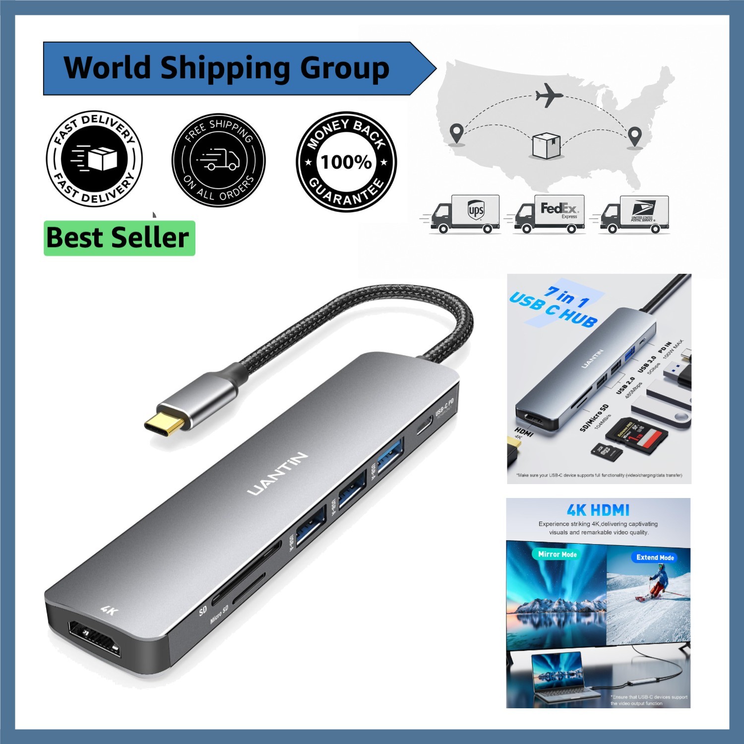 Efficient 7-in-1 USB C Hub with Aluminum Design - Fast Charging & 4K HDMI