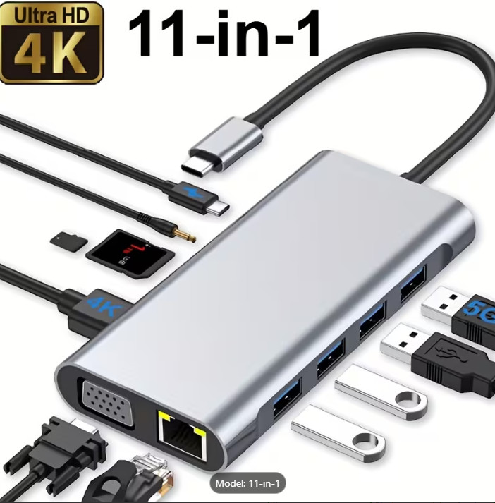 11-in-1 Docking Station Type-C to 4K HD 100Mb PD 100W Card Reader Laptop Adapter