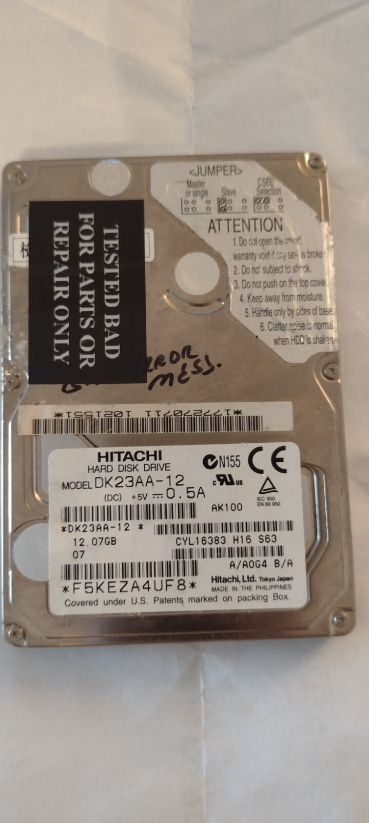 HITACHI HARD DISK DRIVE 12.07GB MODEL: DK23AA-12 P/N: F5KE2A4UF8 *PARTS ONLY*