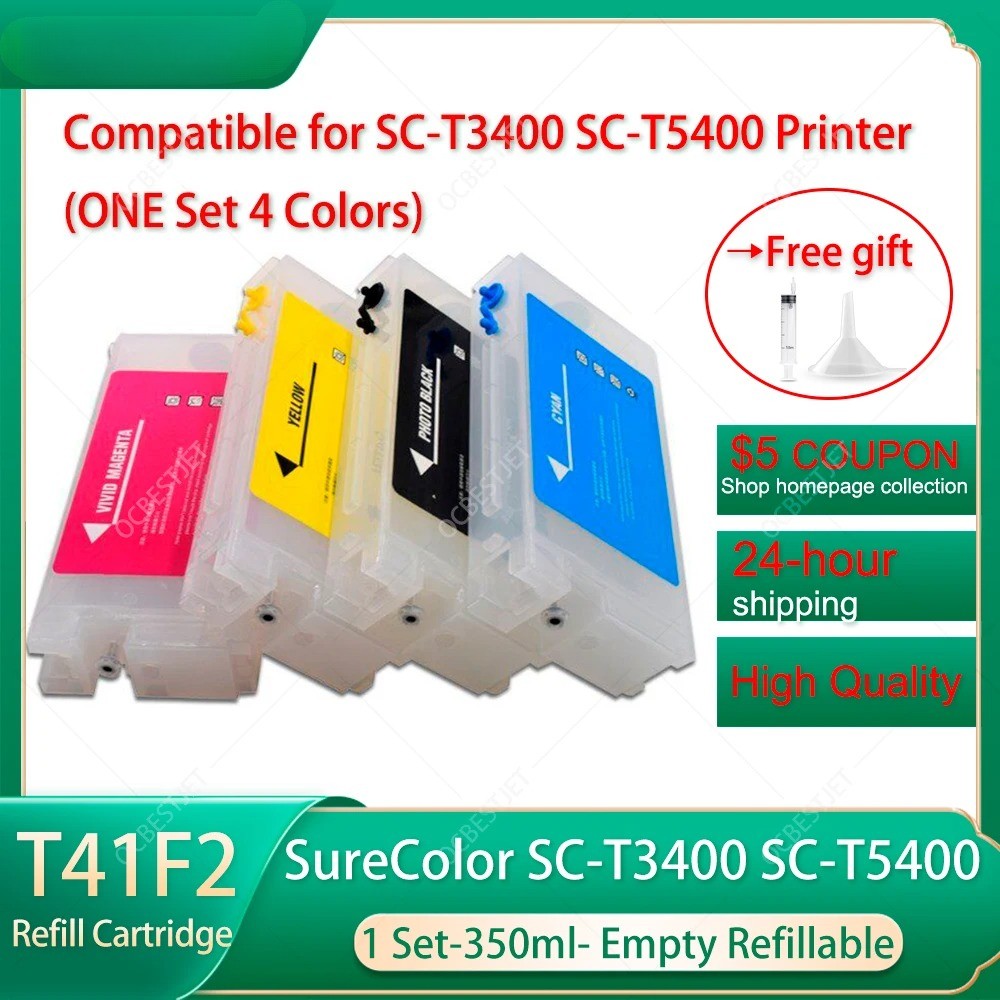 4x350ML T41F2-T41F5 Empty Cartridge with One Time Chip For Epson T3400 T5400