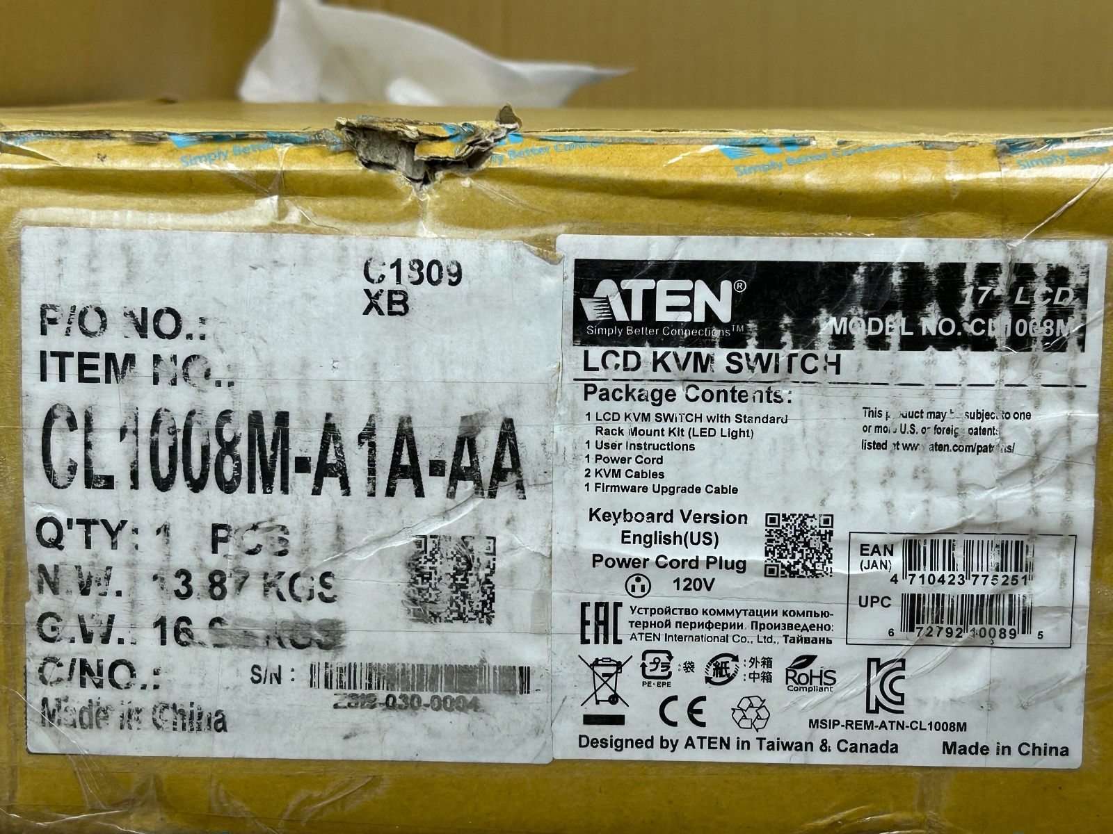 ATEN CL1008M 17" LCD KVM Console 8-Port Switch 1U Rackmount New Open Box