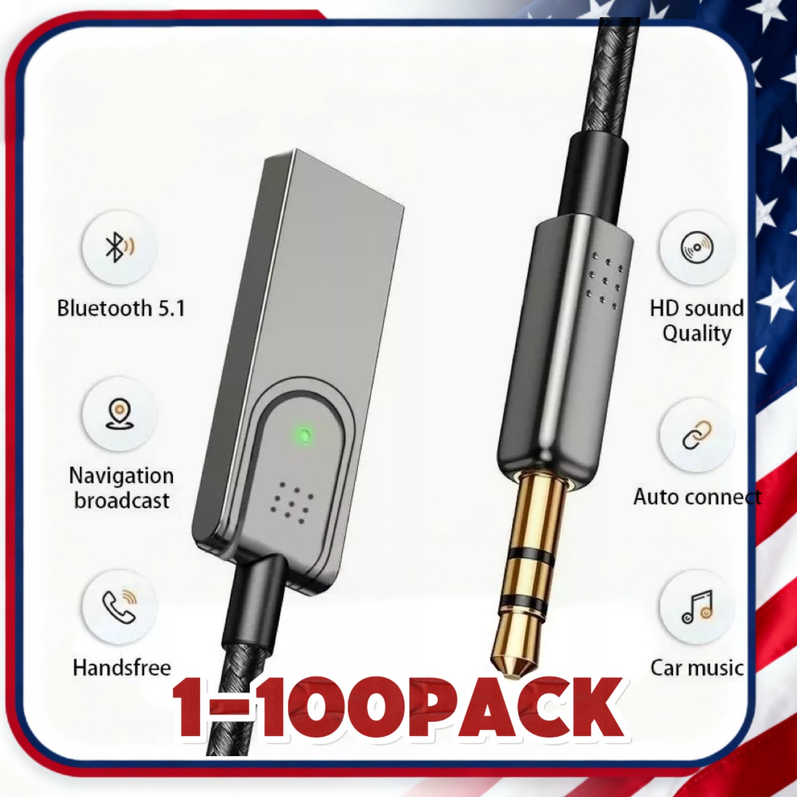 USA Aux to Bluetooth 5.1 Adapter 3.5mm Bluetooth Receiver Microphone for Car Lot