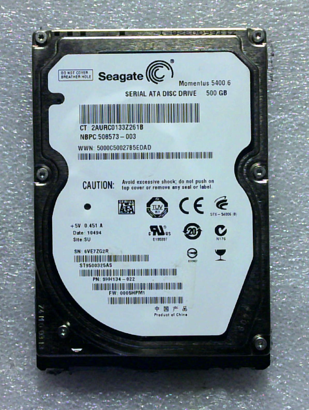 Seagate F3 - ST9500325AS - 500GB - 9HH134-022 - 5A 34 - SN: 6VE7ZG2R