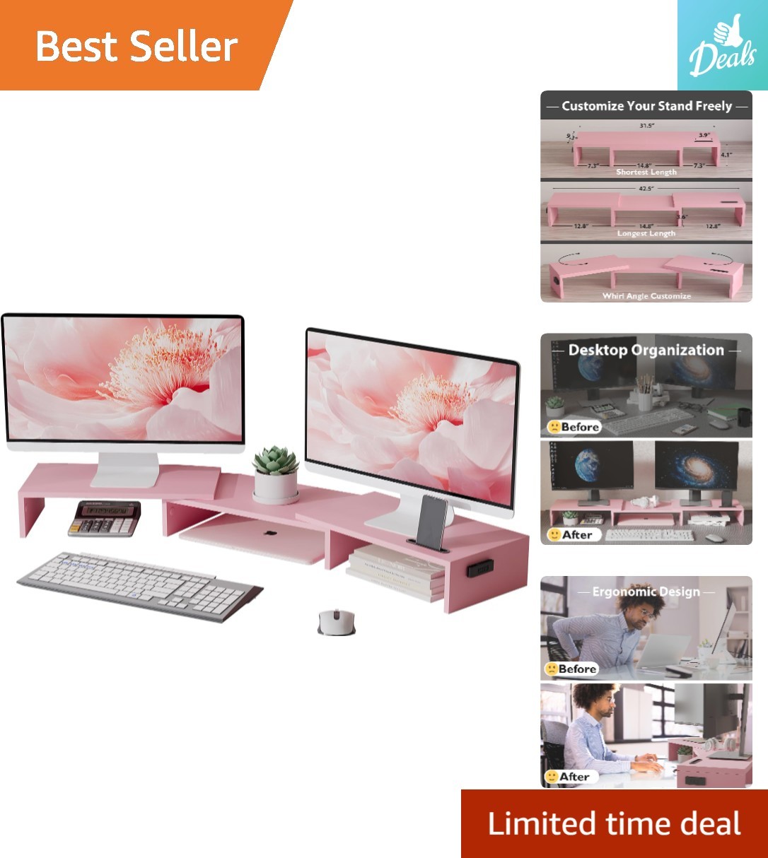 Multifunctional Pink Dual Monitor Riser with Swivel Shelves and Cable Management
