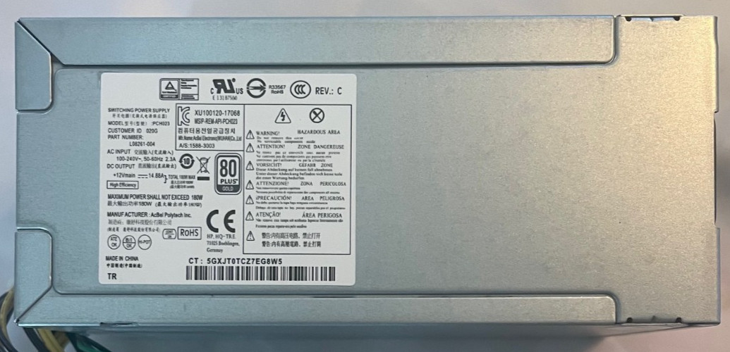 New L08261-004 180W PCH023 Compatible with HP ProDesk G5 L70042-004 Power Supply