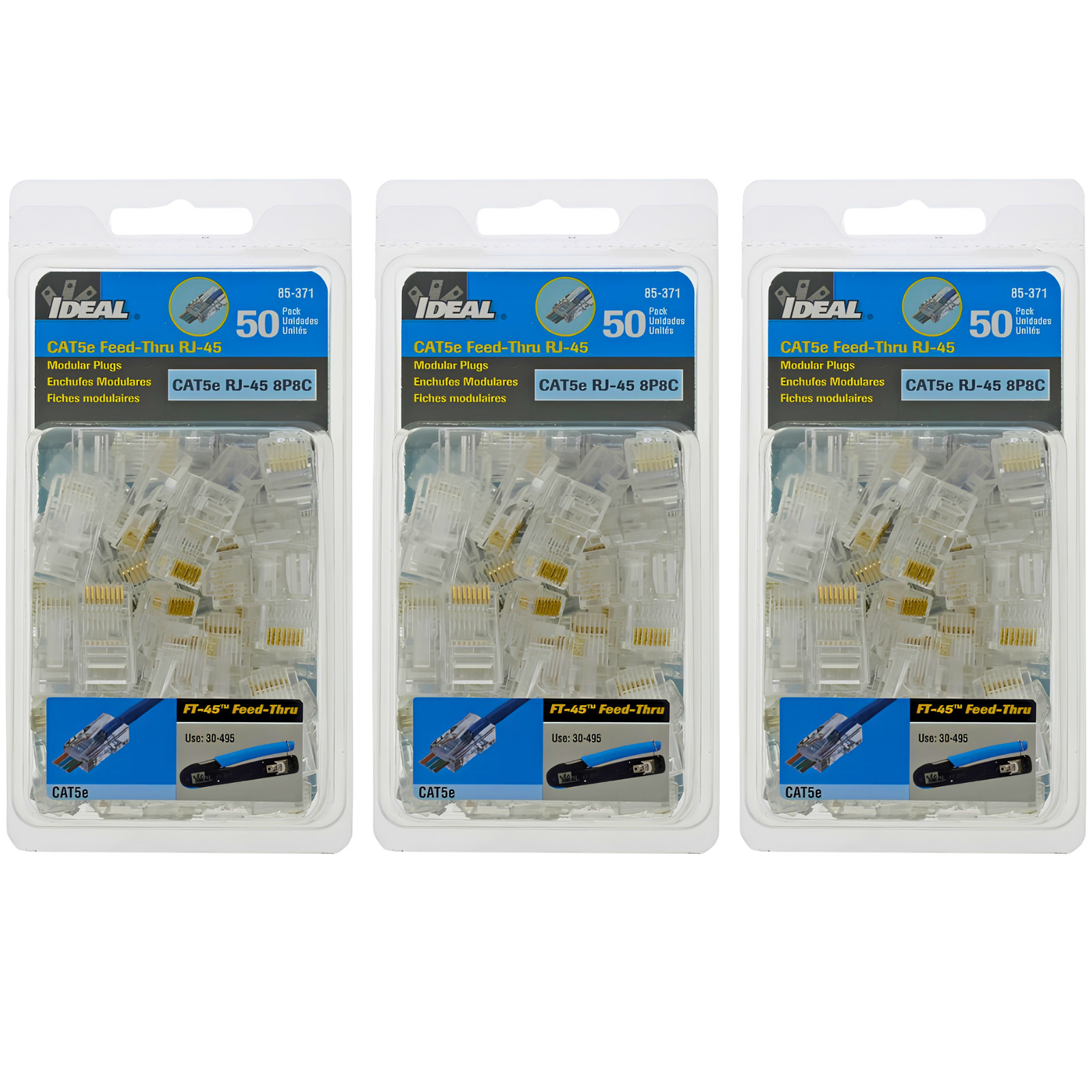 IDEAL 85-371 CAT5e Feed-Thru RJ-45 Modular Plug Connector Lot of 150 (3x 50 Pk)