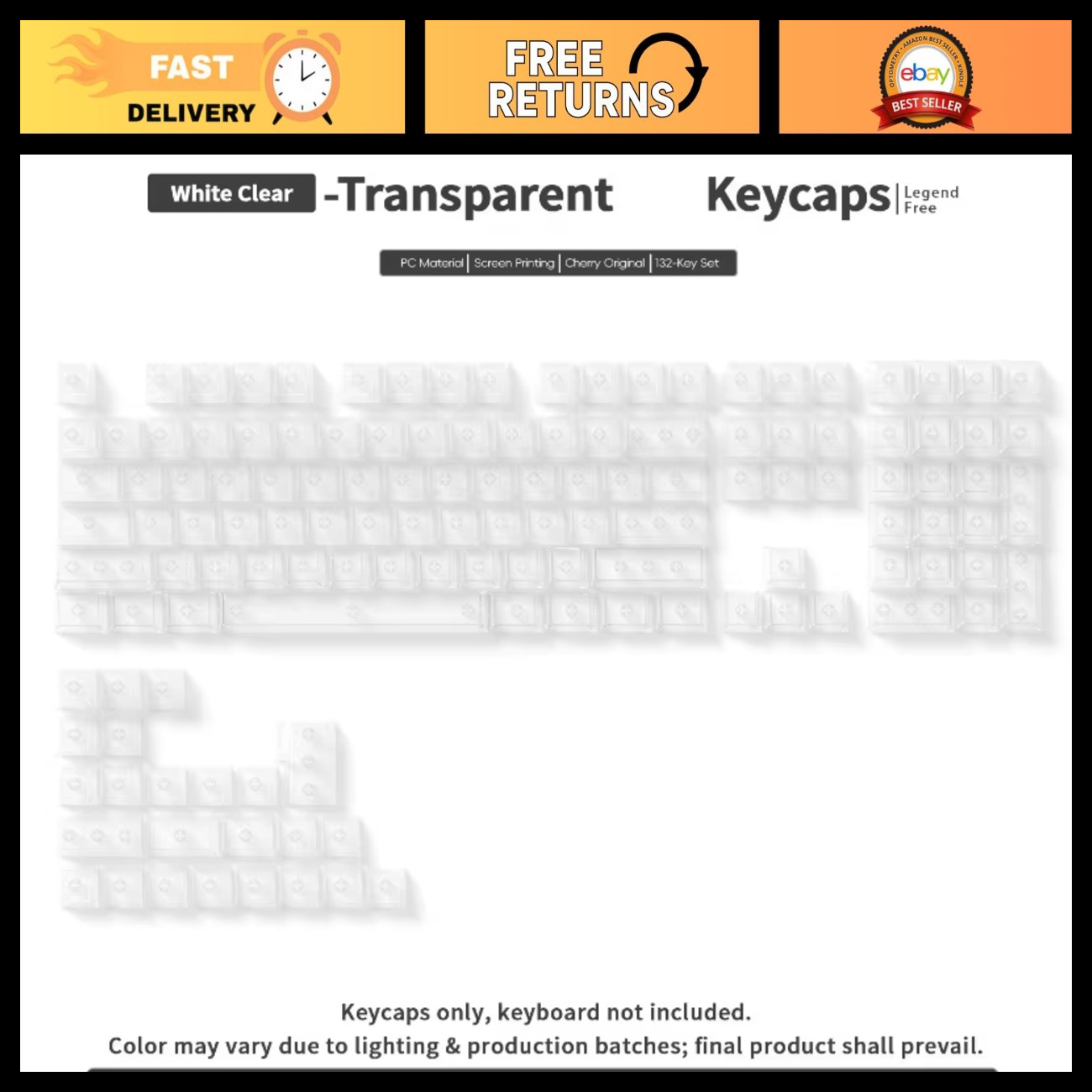 Trans-White-Blank Keycaps for Mechanical Keyboard - 132-Key Set, Clear Design